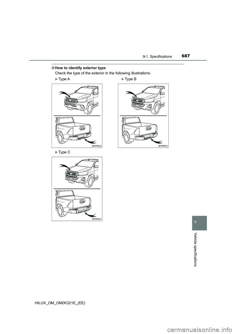 TOYOTA HILUX 2020  Owners Manual (in English) 687
9
9-1. Specifications
Vehicle specifications
HILUX_OM_OM0K321E_(EE)
■How to identify exterior type 
Check the type of the exterior in the following illustrations.
Type AType B
Type C 