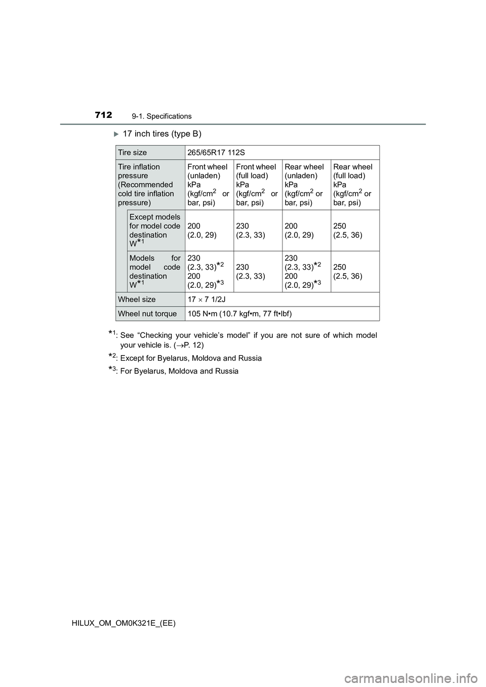 TOYOTA HILUX 2020  Owners Manual (in English) 7129-1. Specifications
HILUX_OM_OM0K321E_(EE)
17 inch tires (type B)
*1: See “Checking your vehicle’s model” if you are not sure of which model 
your vehicle is. ( P. 12)
*2: Except for By