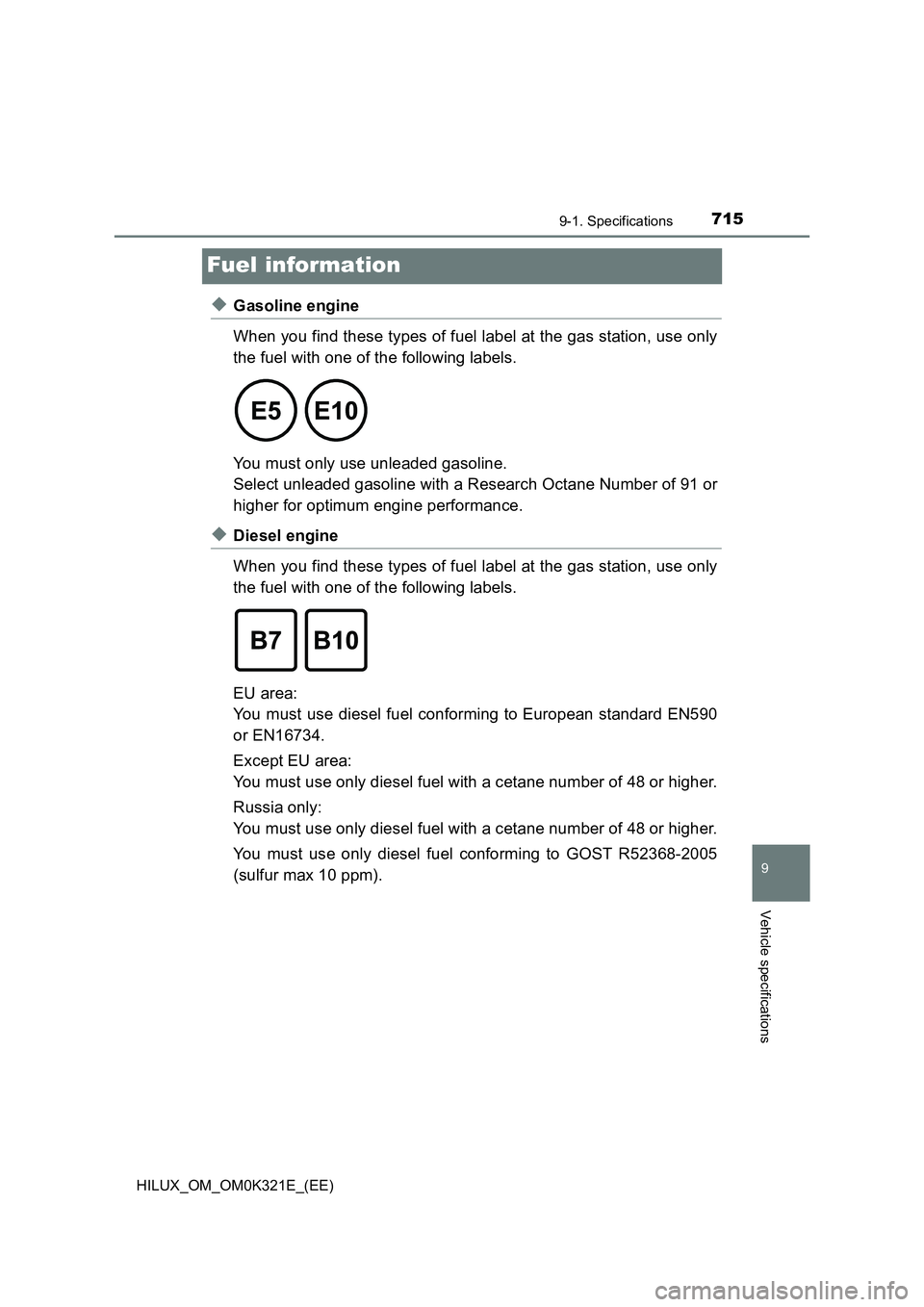 TOYOTA HILUX 2020  Owners Manual (in English) 7159-1. Specifications
HILUX_OM_OM0K321E_(EE)
9
Vehicle specifications
Fuel information
◆Gasoline engine 
When you find these types of fuel label at the gas station, use only 
the fuel with one of t