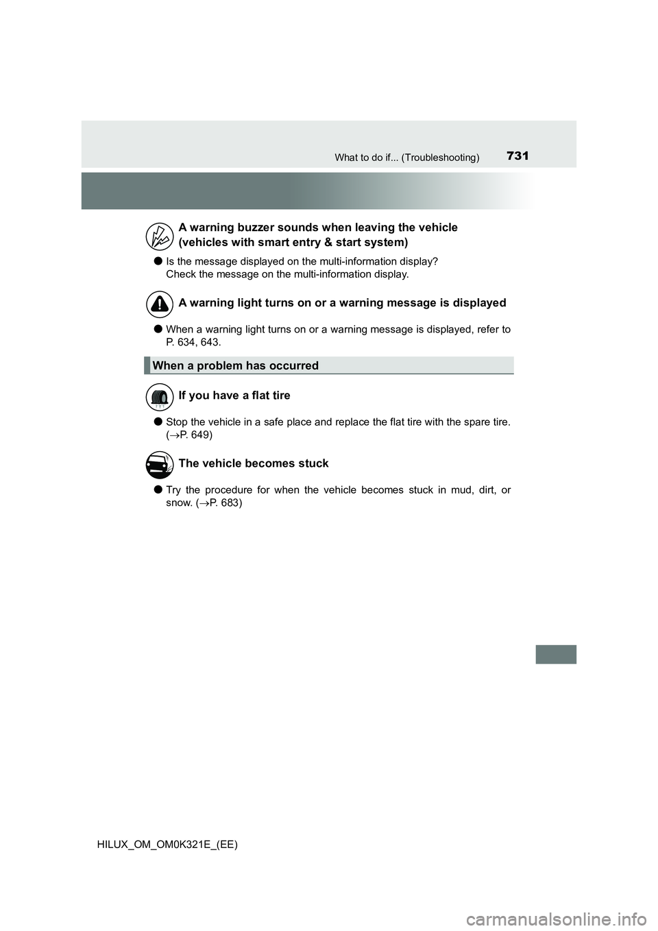 TOYOTA HILUX 2020  Owners Manual (in English) 731What to do if... (Troubleshooting)
HILUX_OM_OM0K321E_(EE)
●Is the message displayed on the multi-information display? 
Check the message on the multi-information display.
●When a warning light 