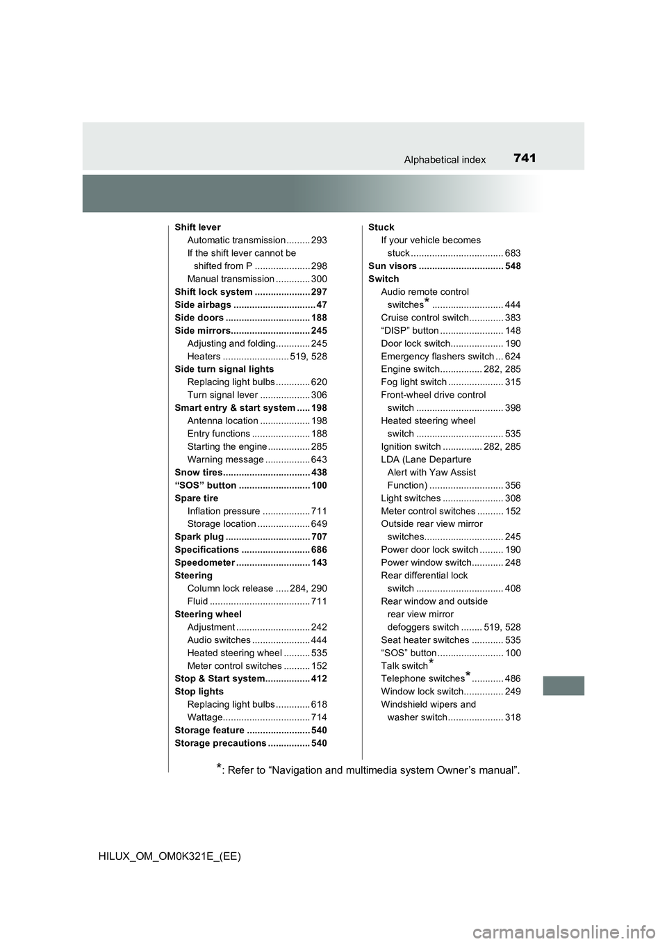 TOYOTA HILUX 2020  Owners Manual (in English) 741Alphabetical index
HILUX_OM_OM0K321E_(EE)
Shift lever 
Automatic transmission ......... 293
If the shift lever cannot be 
shifted from P ..................... 298 
Manual transmission .............