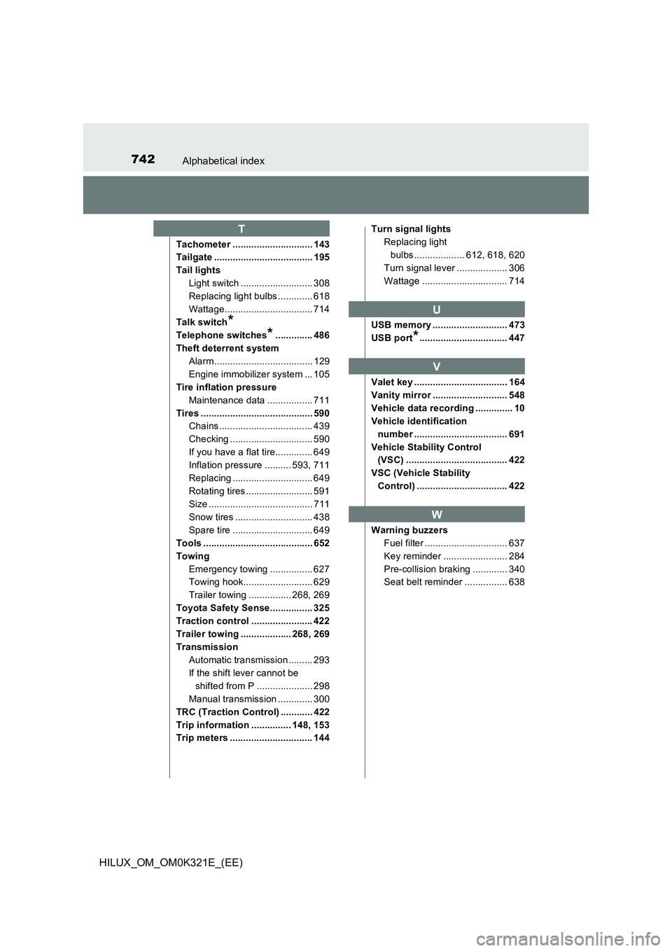 TOYOTA HILUX 2020 Owners Manual (in English) 742Alphabetical index
HILUX_OM_OM0K321E_(EE)
Tachometer .............................. 143
Tailgate ..................................... 195
Tail lights
Light switch ........................... 308 TOYOTA HILUX 2020 Owners Manual (in English) 742Alphabetical index
HILUX_OM_OM0K321E_(EE)
Tachometer .............................. 143
Tailgate ..................................... 195
Tail lights
Light switch ........................... 308