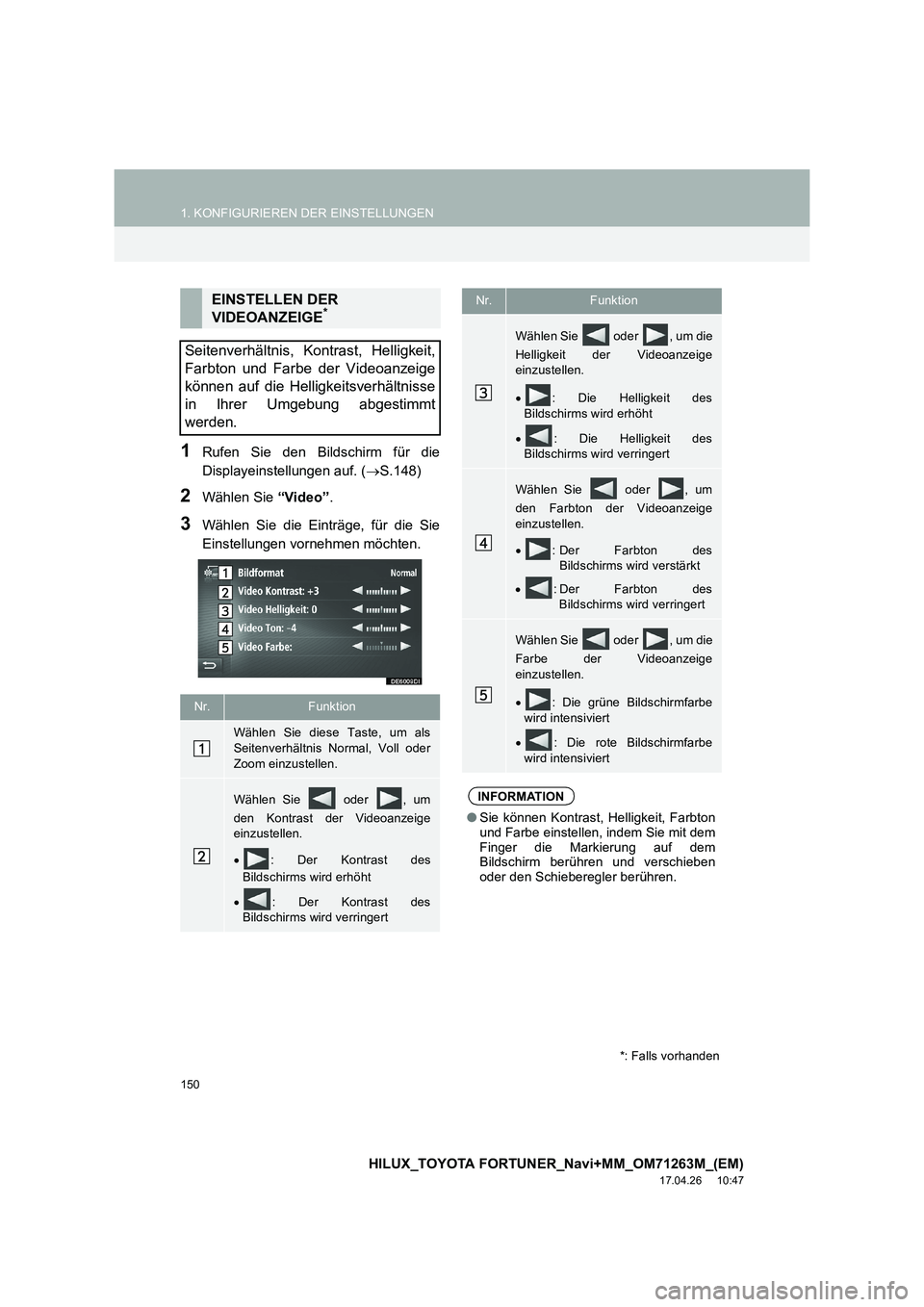 TOYOTA HILUX 2020  Betriebsanleitungen (in German) 150
1. KONFIGURIEREN DER EINSTELLUNGEN
HILUX_TOYOTA FORTUNER_Navi+MM_OM71263M_(EM)
17.04.26     10:47
1Rufen Sie den Bildschirm für die
Displayeinstellungen auf. (→S.148)
2Wählen Sie  “Video”.