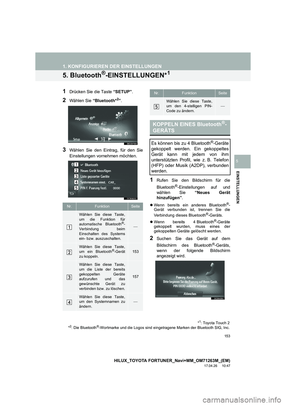 TOYOTA HILUX 2020  Betriebsanleitungen (in German) 153
1. KONFIGURIEREN DER EINSTELLUNGEN
HILUX_TOYOTA FORTUNER_Navi+MM_OM71263M_(EM)
17.04.26     10:47
EINSTELLUNGEN
5
5. Bluetooth®-EINSTELLUNGEN*1
1Drücken Sie die Taste  “SETUP”.
2Wählen Sie 