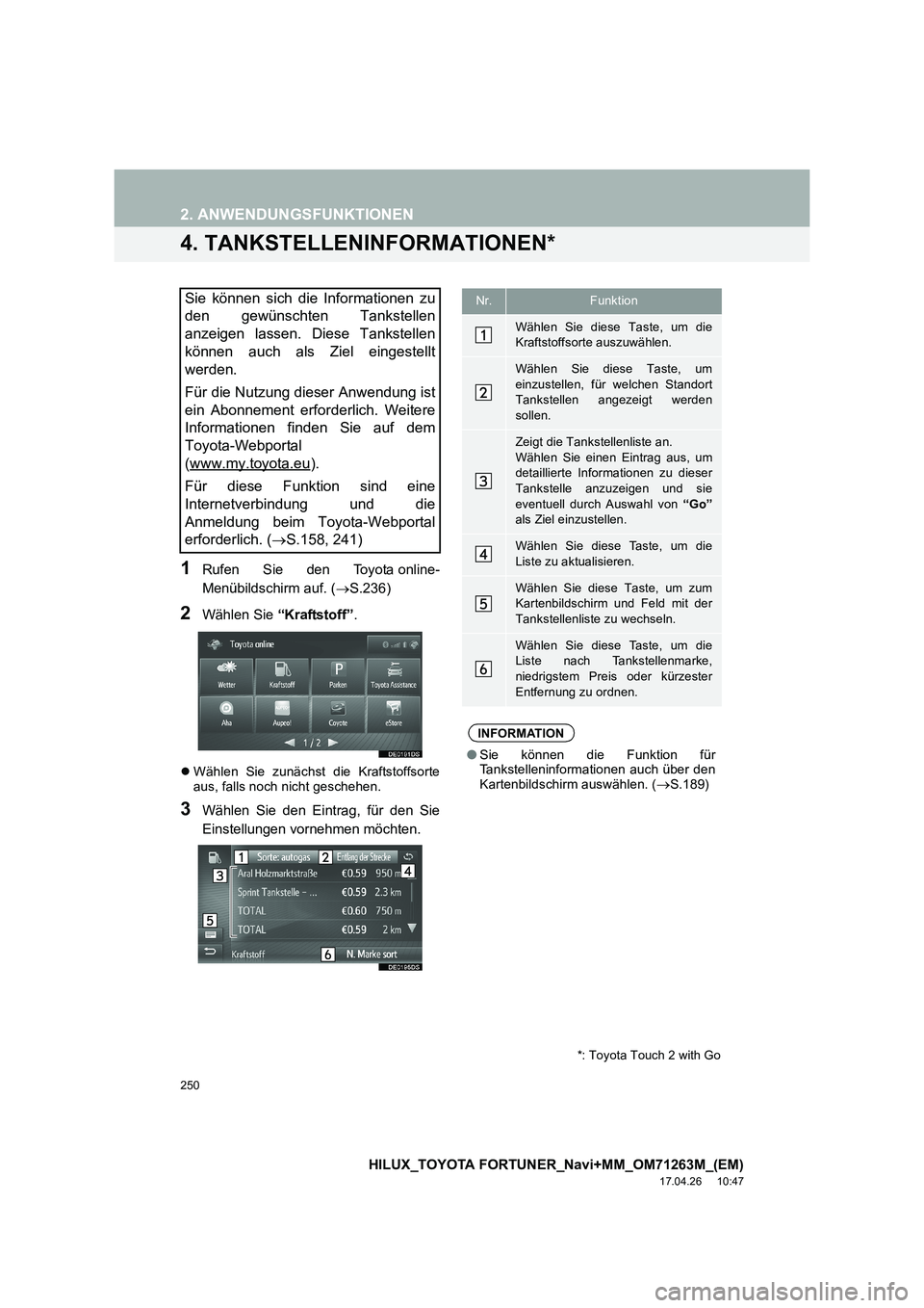 TOYOTA HILUX 2020 Betriebsanleitungen (in German) 250
2. ANWENDUNGSFUNKTIONEN
HILUX_TOYOTA FORTUNER_Navi+MM_OM71263M_(EM)
17.04.26 10:47
4. TANKSTELLENINFORMATIONEN*
1Rufen Sie den Toyota online-
Menübildschirm auf. (→S.236)
2Wählen Sie “K TOYOTA HILUX 2020 Betriebsanleitungen (in German) 250
2. ANWENDUNGSFUNKTIONEN
HILUX_TOYOTA FORTUNER_Navi+MM_OM71263M_(EM)
17.04.26 10:47
4. TANKSTELLENINFORMATIONEN*
1Rufen Sie den Toyota online-
Menübildschirm auf. (→S.236)
2Wählen Sie “K