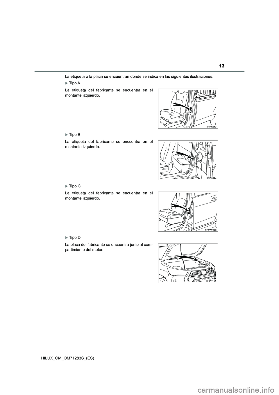 TOYOTA HILUX 2020  Manuale de Empleo (in Spanish) 13
HILUX_OM_OM71283S_(ES) 
La etiqueta o la placa se encuentran donde se indica en las siguientes ilustraciones.
Tip o A
Tip o B
Tip o C
Tip o D 
La etiqueta del fabricante se encuentra en