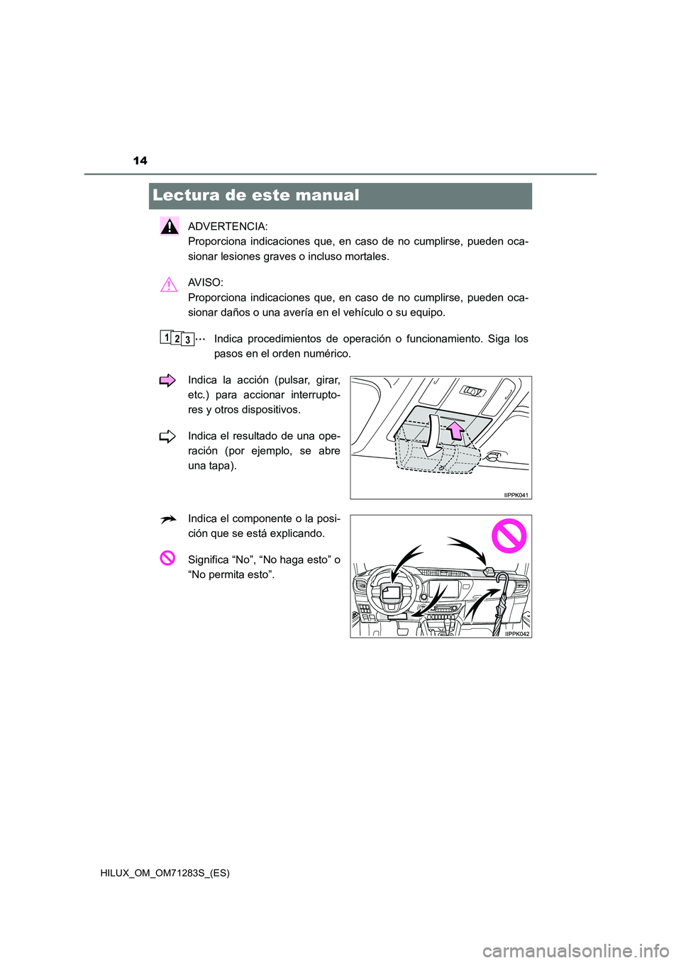 TOYOTA HILUX 2020  Manuale de Empleo (in Spanish) 14
HILUX_OM_OM71283S_(ES)
Lectura de este manual
ADVERTENCIA: 
Proporciona indicaciones que, en caso de no cumplirse, pueden oca-
sionar lesiones graves o incluso mortales.
AV I S O :  
Proporciona in