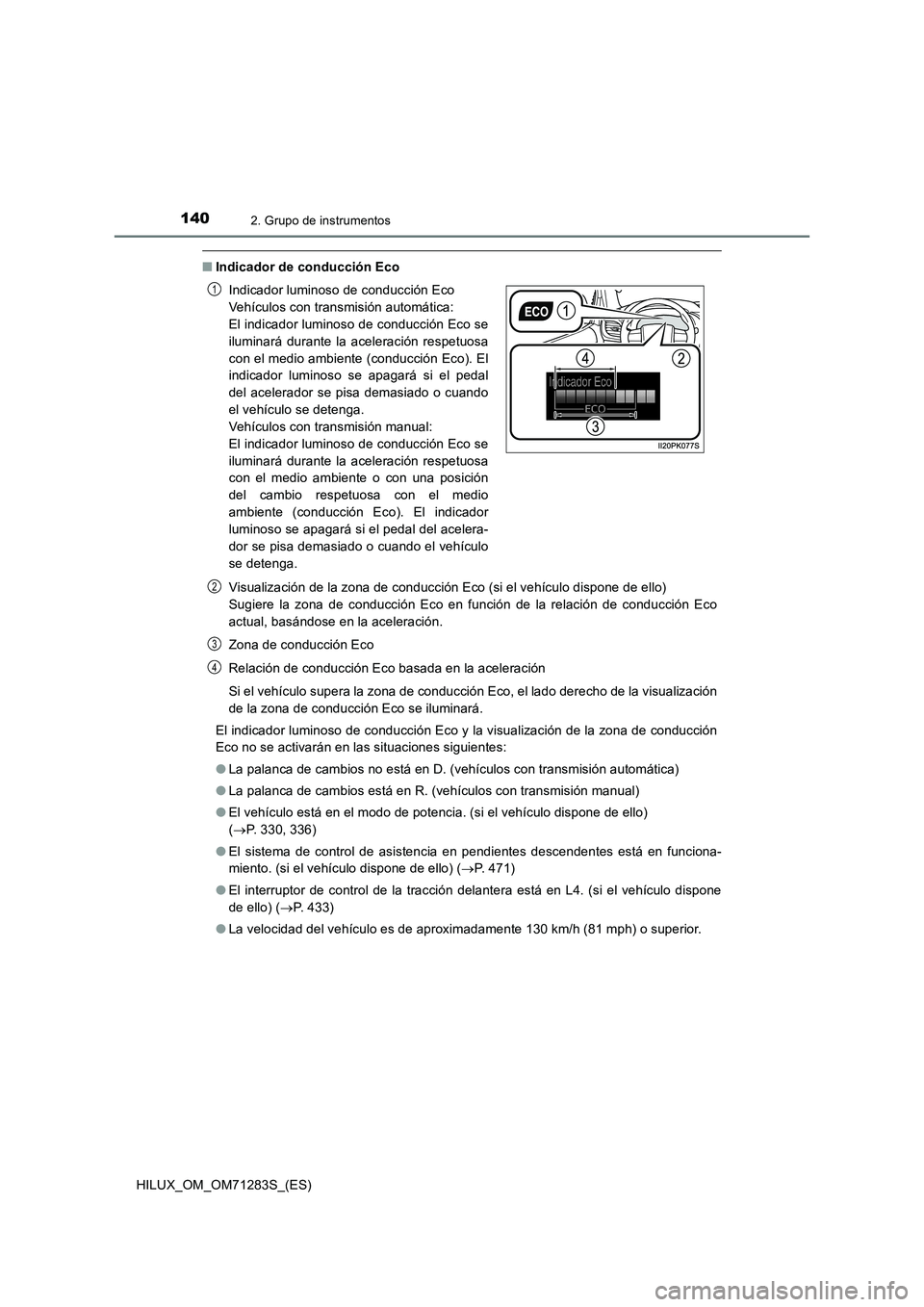 TOYOTA HILUX 2020  Manuale de Empleo (in Spanish) 1402. Grupo de instrumentos
HILUX_OM_OM71283S_(ES)
■Indicador de conducción Eco
Visualización de la zona de conducción Eco (si el vehículo dispone de ello) 
Sugiere la zona de conducción Eco en