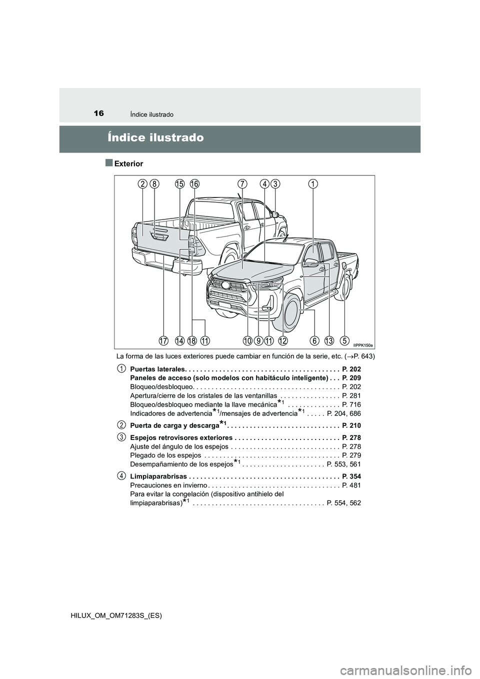 TOYOTA HILUX 2020  Manuale de Empleo (in Spanish) 16Índice ilustrado
HILUX_OM_OM71283S_(ES)
Índice ilustrado
■Exterior
La forma de las luces exteriores puede cambiar en función de la serie, etc. (P.  6 4 3 )
Puertas laterales. . . . . . . . .