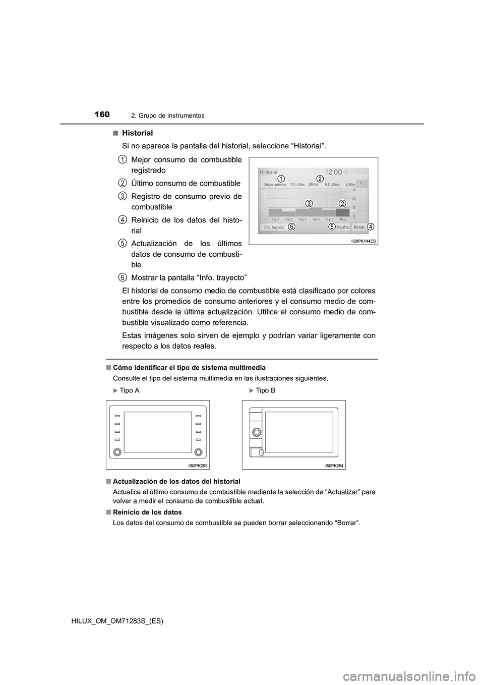 TOYOTA HILUX 2020  Manuale de Empleo (in Spanish) 1602. Grupo de instrumentos
HILUX_OM_OM71283S_(ES)■
Historial
Si no aparece la pantalla del historial, seleccione “Historial”.
Mejor consumo de combustible
registrado
Último consumo de combusti