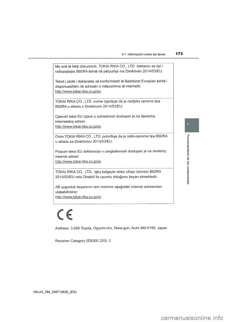 TOYOTA HILUX 2020  Manuale de Empleo (in Spanish) 1733-1. Información sobre las llaves
3
Funcionamiento de los componentes
HILUX_OM_OM71283S_(ES) 