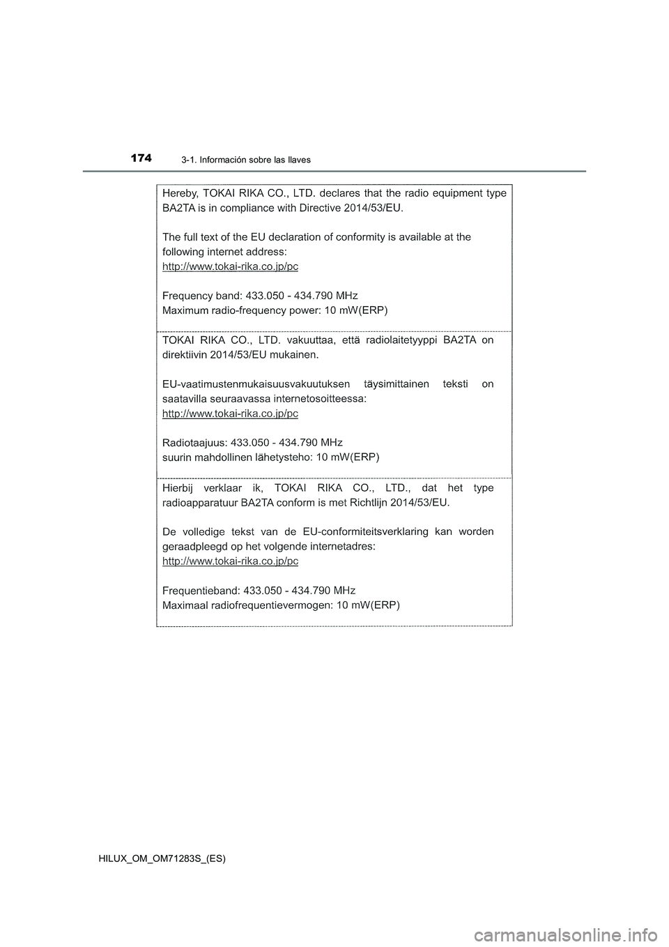 TOYOTA HILUX 2020  Manuale de Empleo (in Spanish) 1743-1. Información sobre las llaves
HILUX_OM_OM71283S_(ES) 
