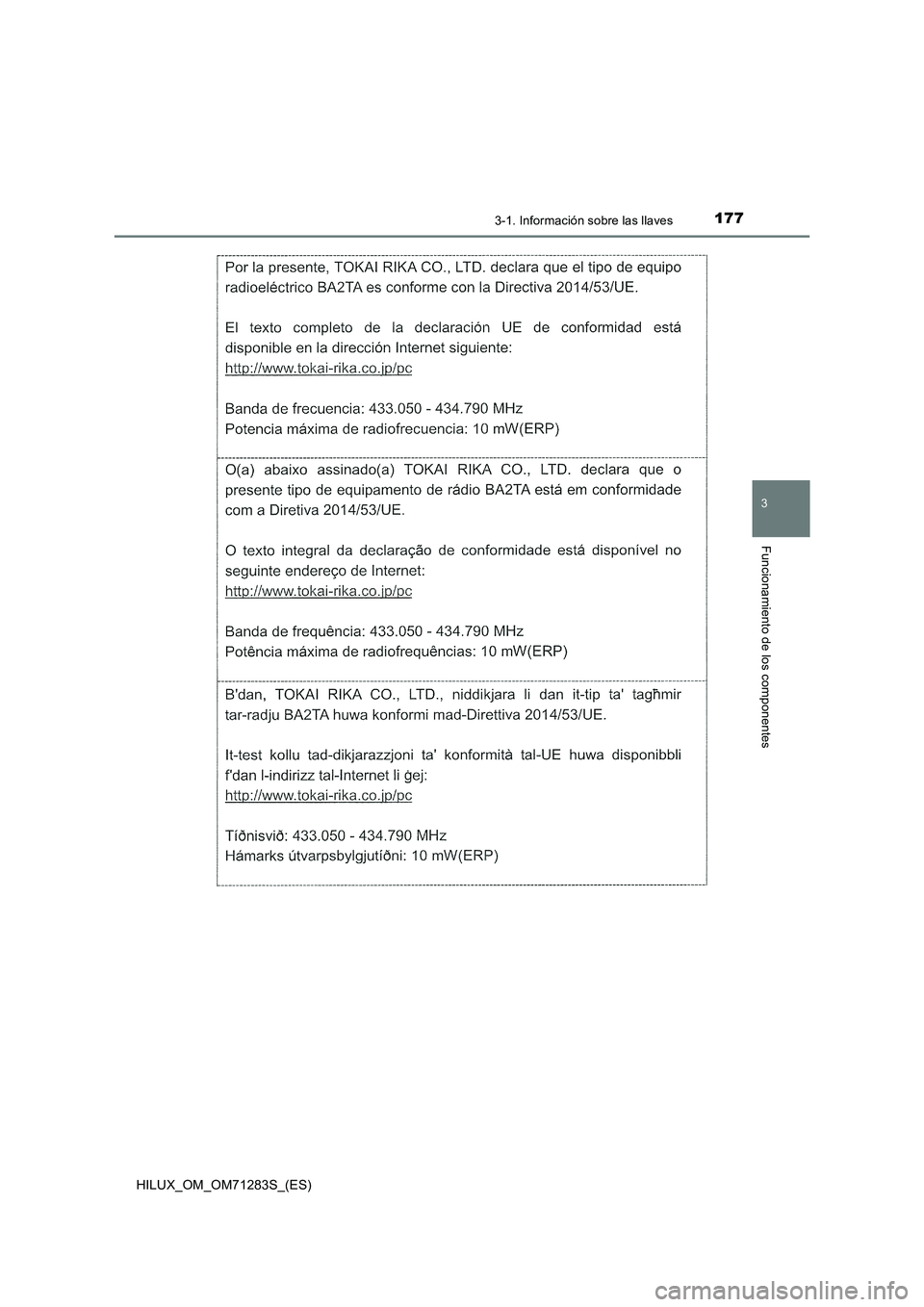TOYOTA HILUX 2020  Manuale de Empleo (in Spanish) 1773-1. Información sobre las llaves
3
Funcionamiento de los componentes
HILUX_OM_OM71283S_(ES) 
