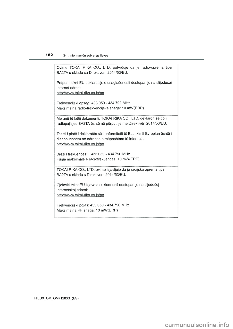 TOYOTA HILUX 2020  Manuale de Empleo (in Spanish) 1823-1. Información sobre las llaves
HILUX_OM_OM71283S_(ES) 