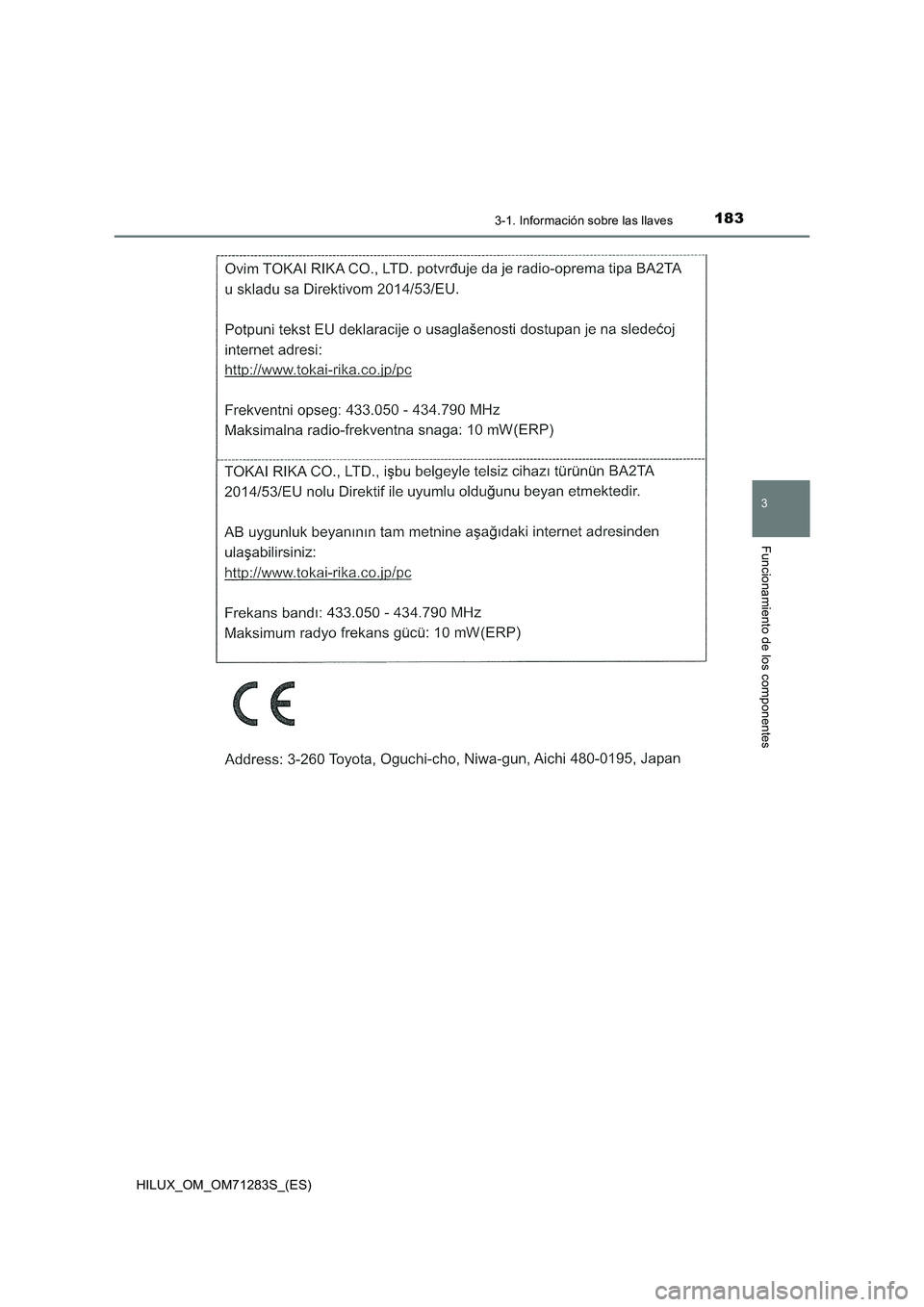 TOYOTA HILUX 2020  Manuale de Empleo (in Spanish) 1833-1. Información sobre las llaves
3
Funcionamiento de los componentes
HILUX_OM_OM71283S_(ES) 