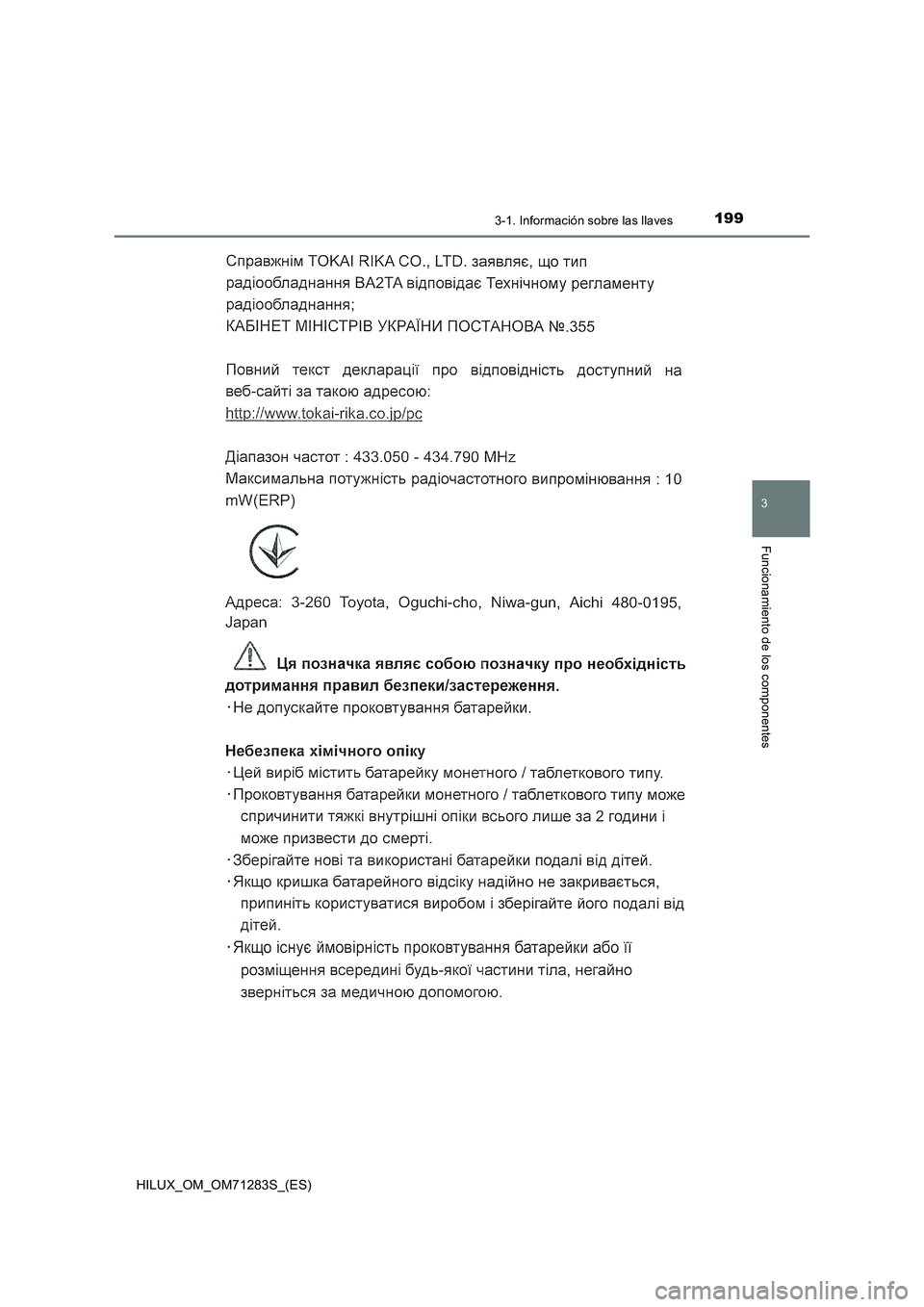 TOYOTA HILUX 2020  Manuale de Empleo (in Spanish) 1993-1. Información sobre las llaves
3
Funcionamiento de los componentes
HILUX_OM_OM71283S_(ES) 