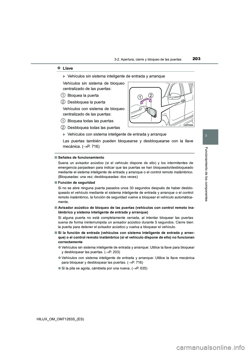 TOYOTA HILUX 2020  Manuale de Empleo (in Spanish) 2033-2. Apertura, cierre y bloqueo de las puertas
3
Funcionamiento de los componentes
HILUX_OM_OM71283S_(ES)
◆Llave
Vehículos sin sistema inteligente de entrada y arranque
Vehículos sin sistema
