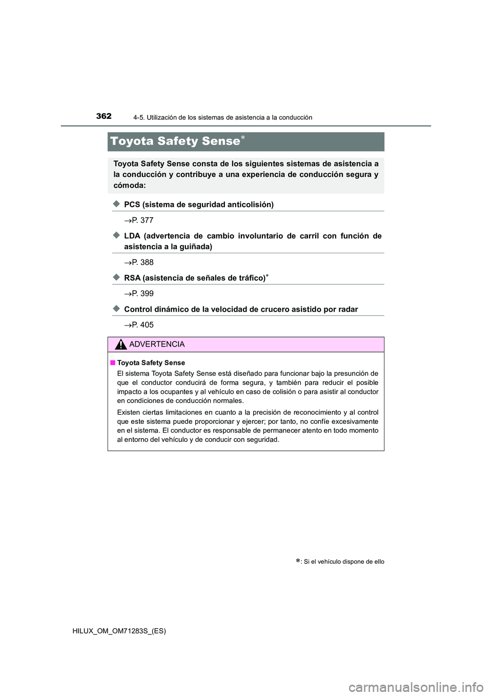 TOYOTA HILUX 2020  Manuale de Empleo (in Spanish) 3624-5. Utilización de los sistemas de asistencia a la conducción
HILUX_OM_OM71283S_(ES)
Toyota Safety Sense
◆PCS (sistema de seguridad anticolisión) 
 P. 377
◆LDA (advertencia de cambio 