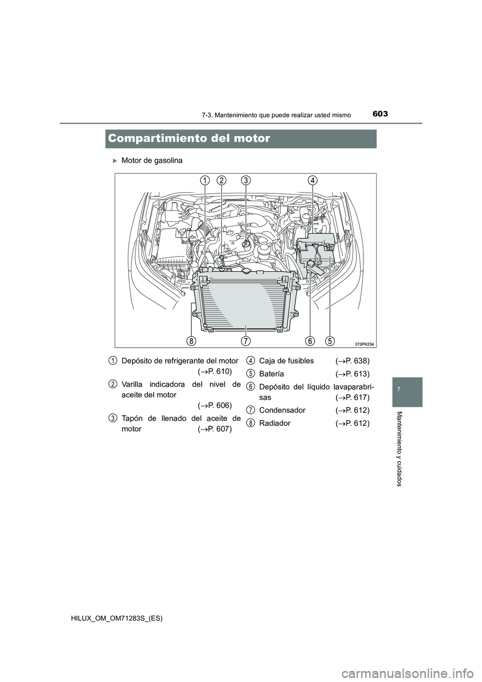 TOYOTA HILUX 2020  Manuale de Empleo (in Spanish) 6037-3. Mantenimiento que puede realizar usted mismo
HILUX_OM_OM71283S_(ES)
7
Mantenimiento y cuidados
Compartimiento del motor
Motor de gasolina
Depósito de refrigerante del motor  
( P. 610) 