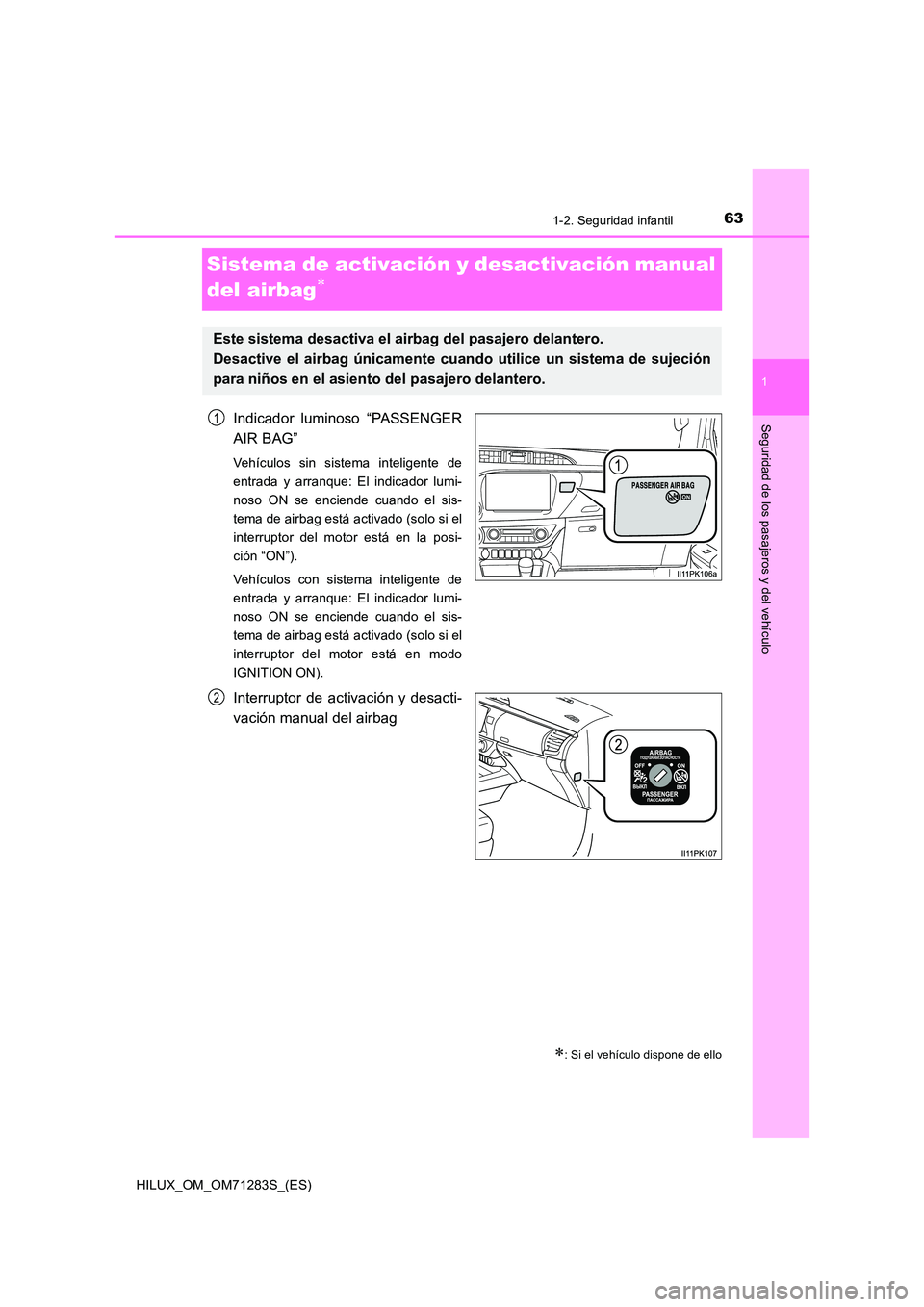TOYOTA HILUX 2020  Manuale de Empleo (in Spanish) 63
1
1-2. Seguridad infantil
HILUX_OM_OM71283S_(ES)
Seguridad de los pasajeros y del vehículo
Sistema de activación y desactivación manual  
del airbag
Indicador luminoso “PASSENGER 
AIR BAG