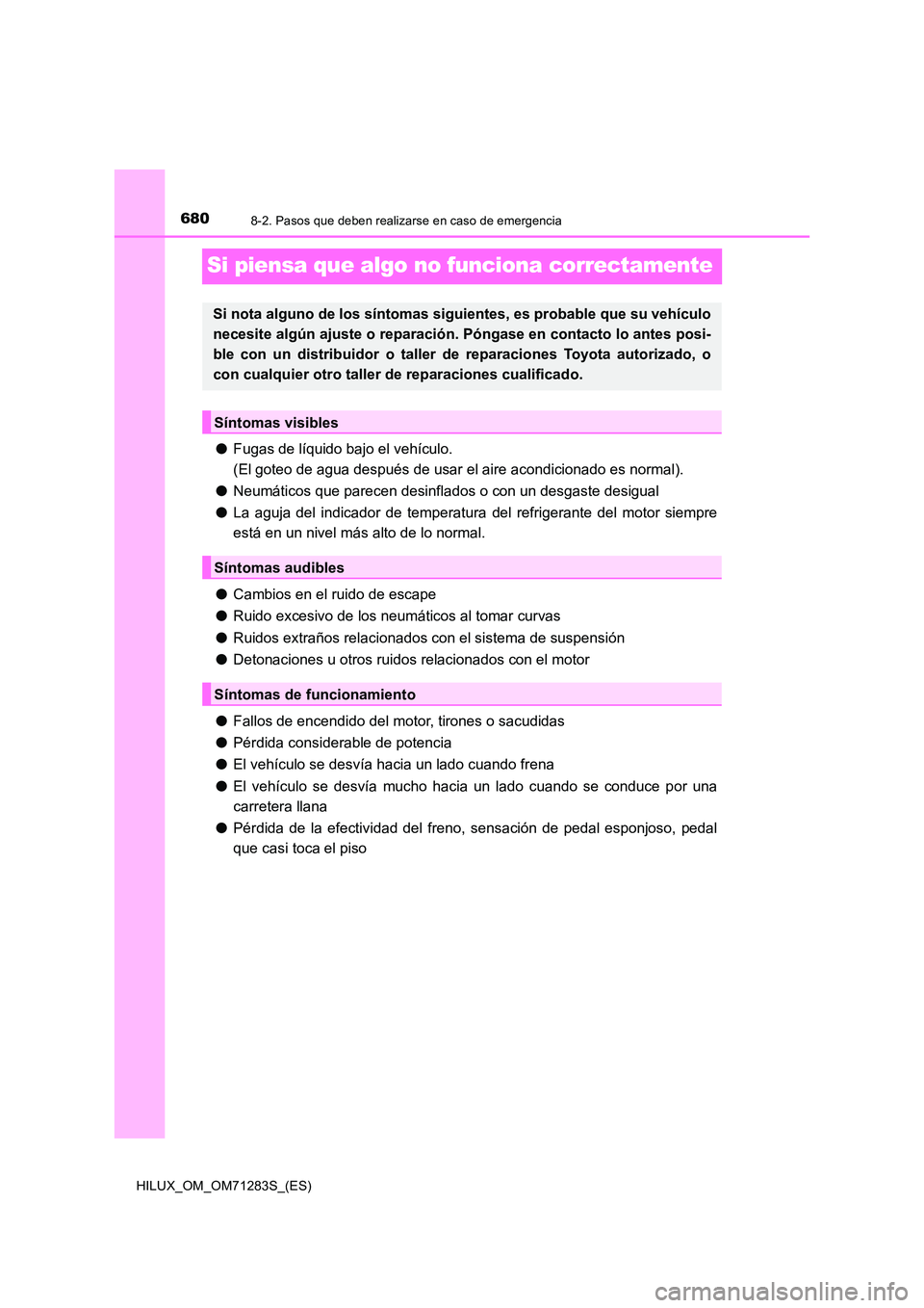 TOYOTA HILUX 2020  Manuale de Empleo (in Spanish) 6808-2. Pasos que deben realizarse en caso de emergencia
HILUX_OM_OM71283S_(ES)
Si piensa que algo no funciona correctamente
●Fugas de líquido bajo el vehículo.  
(El goteo de agua después de usa