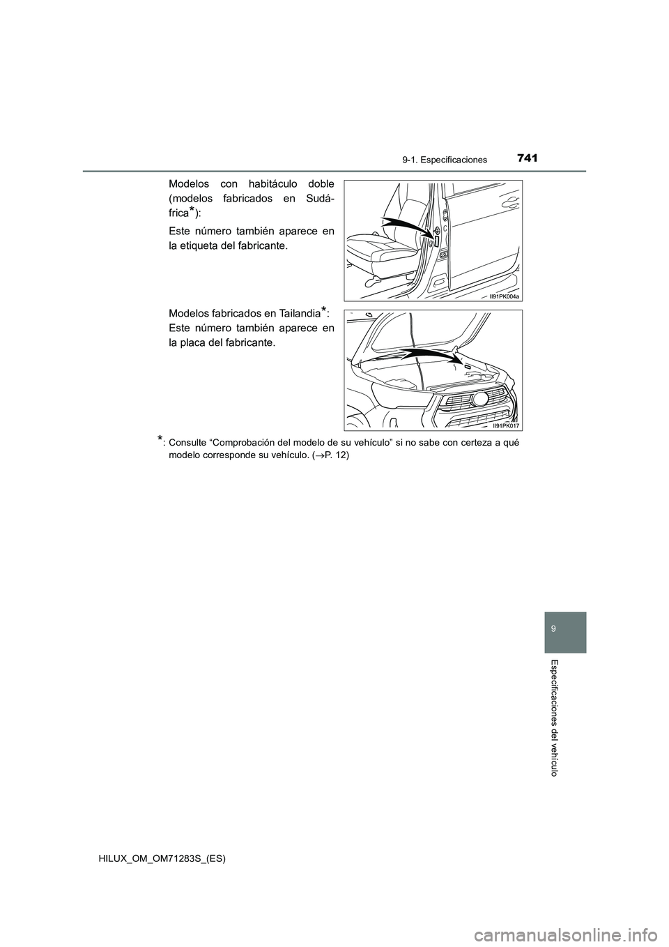 TOYOTA HILUX 2020  Manuale de Empleo (in Spanish) 741
9
9-1. Especificaciones
Especificaciones del vehículo
HILUX_OM_OM71283S_(ES)
Modelos con habitáculo doble 
(modelos fabricados en Sudá- 
frica*): 
Este número también aparece en 
la etiqueta 
