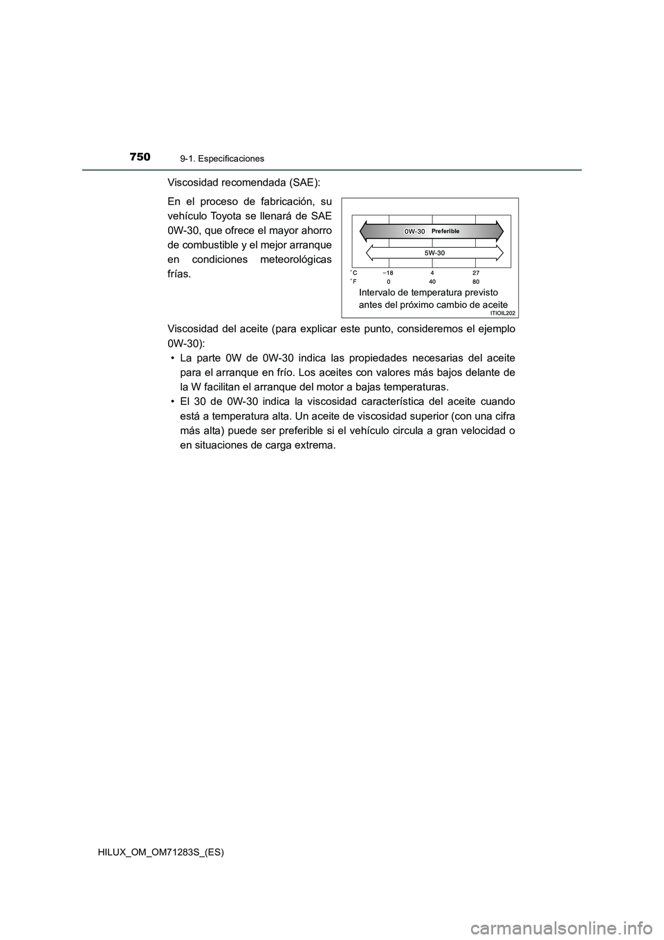 TOYOTA HILUX 2020  Manuale de Empleo (in Spanish) 7509-1. Especificaciones
HILUX_OM_OM71283S_(ES)
Viscosidad recomendada (SAE):
En el proceso de fabricación, su
vehículo Toyota se llenará de SAE
0W-30, que ofrece el mayor ahorro
de combustible y e