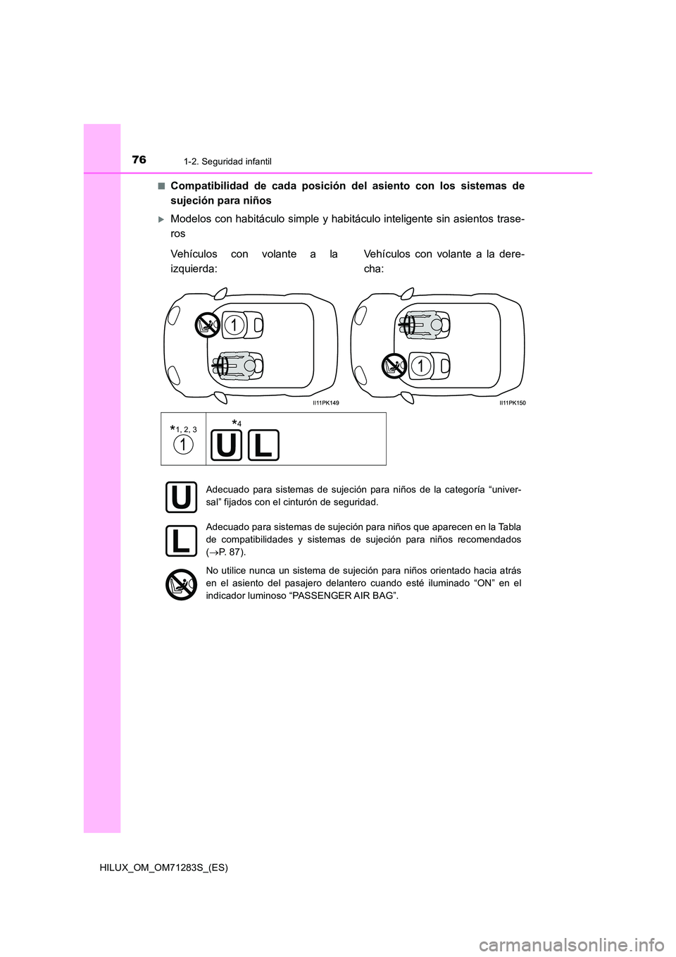 TOYOTA HILUX 2020  Manuale de Empleo (in Spanish) 761-2. Seguridad infantil
HILUX_OM_OM71283S_(ES) 
■Compatibilidad de cada posición del asiento con los sistemas de 
sujeción para niños
Modelos con habitáculo simple y habitáculo inteligente