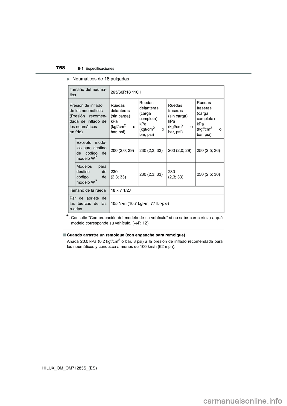 TOYOTA HILUX 2020  Manuale de Empleo (in Spanish) 7589-1. Especificaciones
HILUX_OM_OM71283S_(ES)
Neumáticos de 18 pulgadas
*: Consulte “Comprobación del modelo de su vehículo” si no sabe con certeza a qué
modelo corresponde su vehículo. 