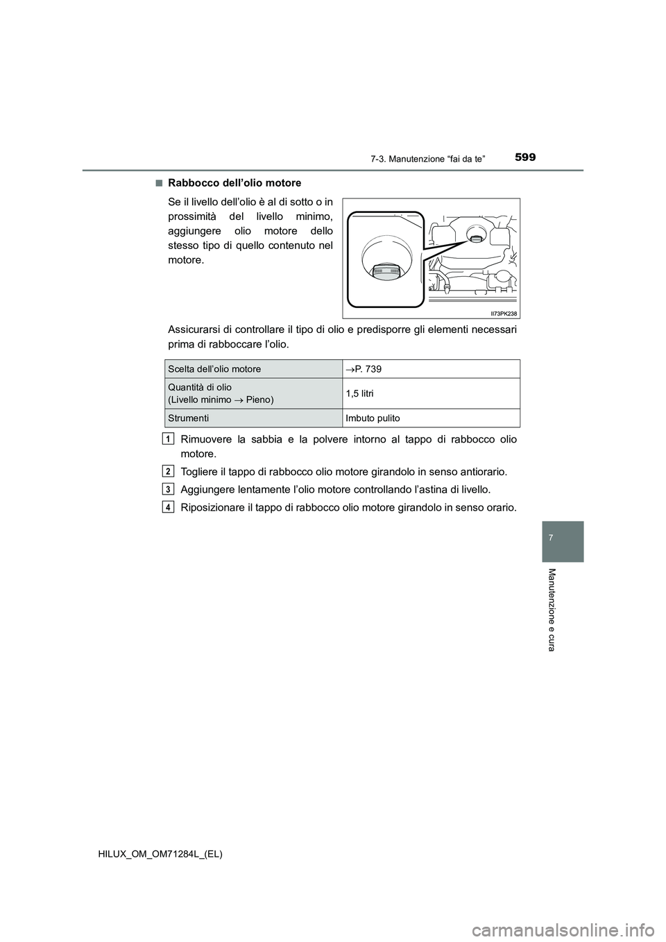 TOYOTA HILUX 2020  Manuale duso (in Italian) 5997-3. Manutenzione “fai da te”
HILUX_OM_OM71284L_(EL)
7
Manutenzione e cura
■Rabbocco dell’olio motore
Se il livello dell’olio è al di sotto o in
prossimità del livello minimo,
aggiunger