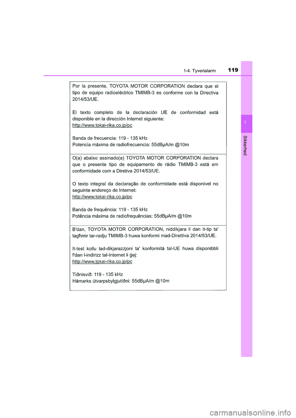 TOYOTA HILUX 2021  Brugsanvisning (in Danish) 1191-4. Tyverialarm
1
HILUX OM0K641DK
Sikkerhed
OM0K641DK.book  Page 119  Monday, February 22, 2021  1:35 PM 