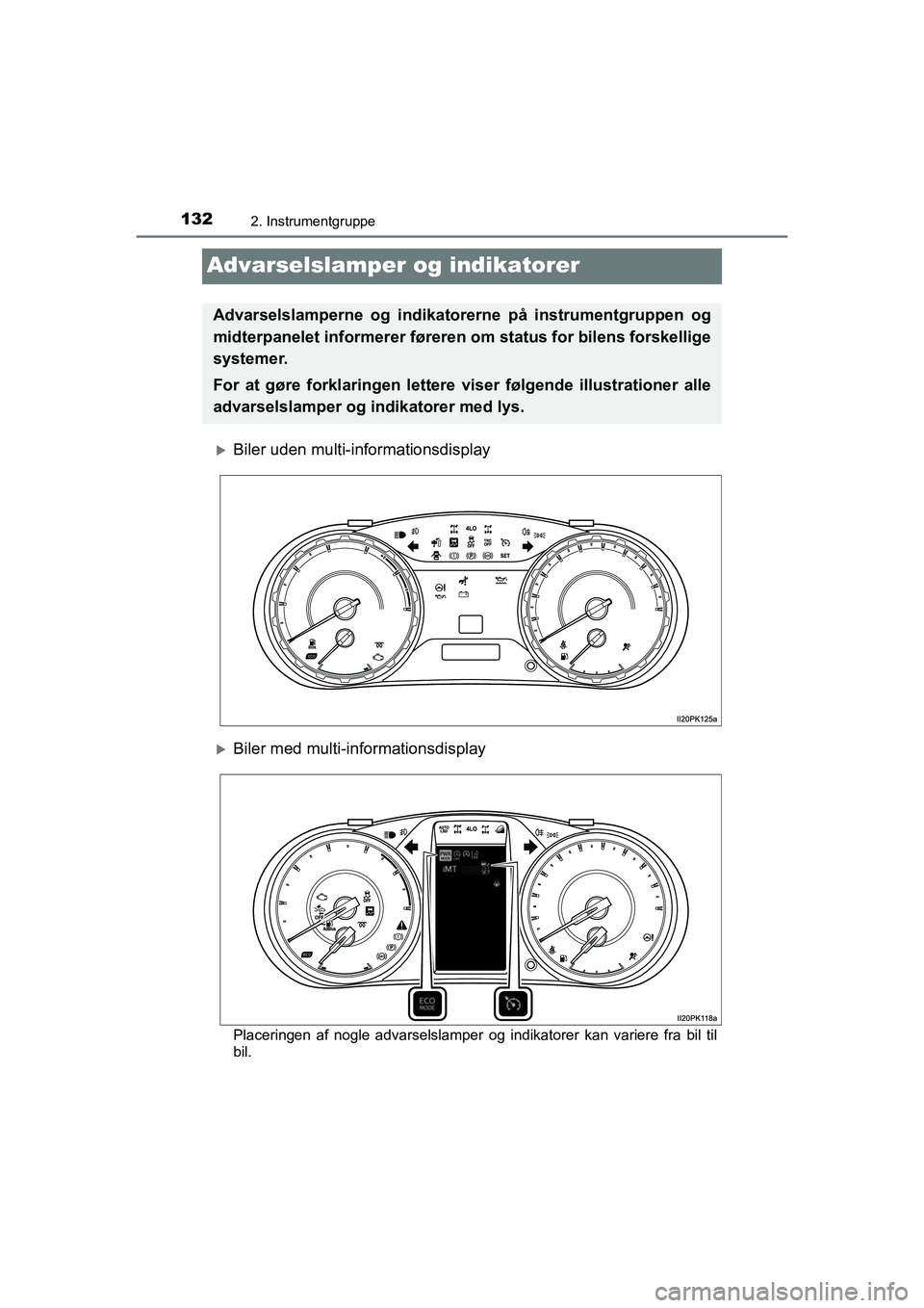 TOYOTA HILUX 2021  Brugsanvisning (in Danish) 1322. Instrumentgruppe
HILUX OM0K641DK
Advarselslamper og indikatorer
Biler uden multi-informationsdisplay
Biler med multi-informationsdisplay
Placeringen af nogle advarselslamper og  indikatore