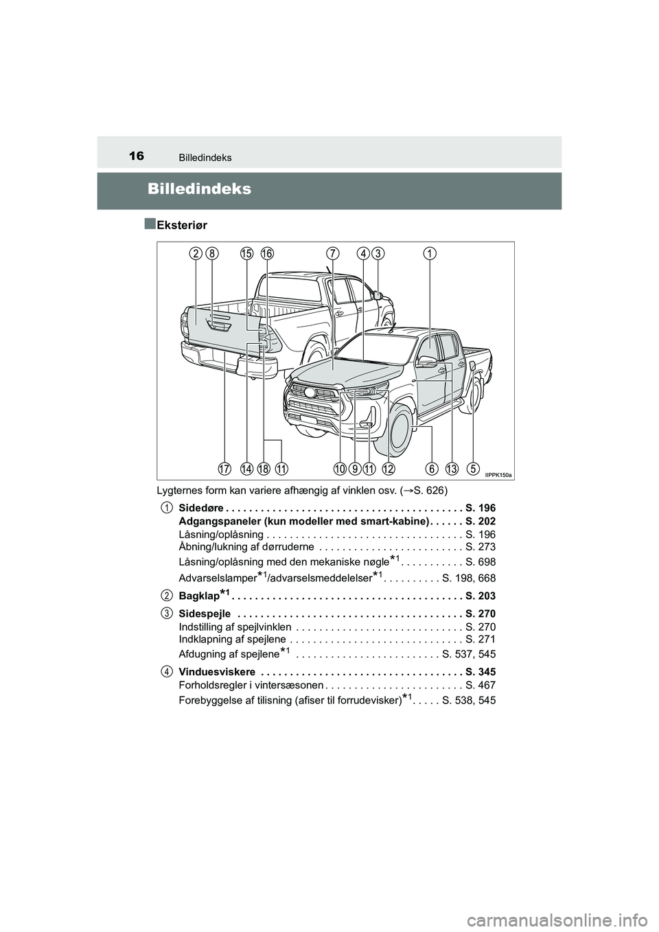 TOYOTA HILUX 2021  Brugsanvisning (in Danish) 16Billedindeks
HILUX OM0K641DK
Billedindeks
n
Eksteriør
Lygternes form kan variere afhængig af vinklen osv. ( S. 626)
Sidedøre . . . . . . . . . . . . . . . . . . . . . . . . . . . . . . . . . .
