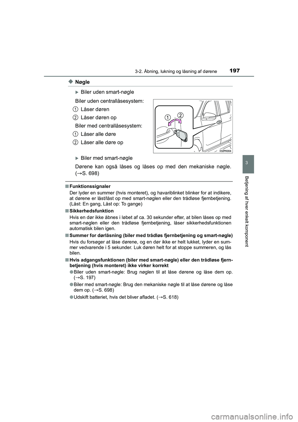 TOYOTA HILUX 2021  Brugsanvisning (in Danish) 1973-2. Åbning, lukning og låsning af dørene
3
Betjening af hver enkelt komponent
HILUX OM0K641DK
uNøgle
Biler uden smart-nøgle
Biler uden centrallåsesystem: Låser døren
Låser døren op
Bi