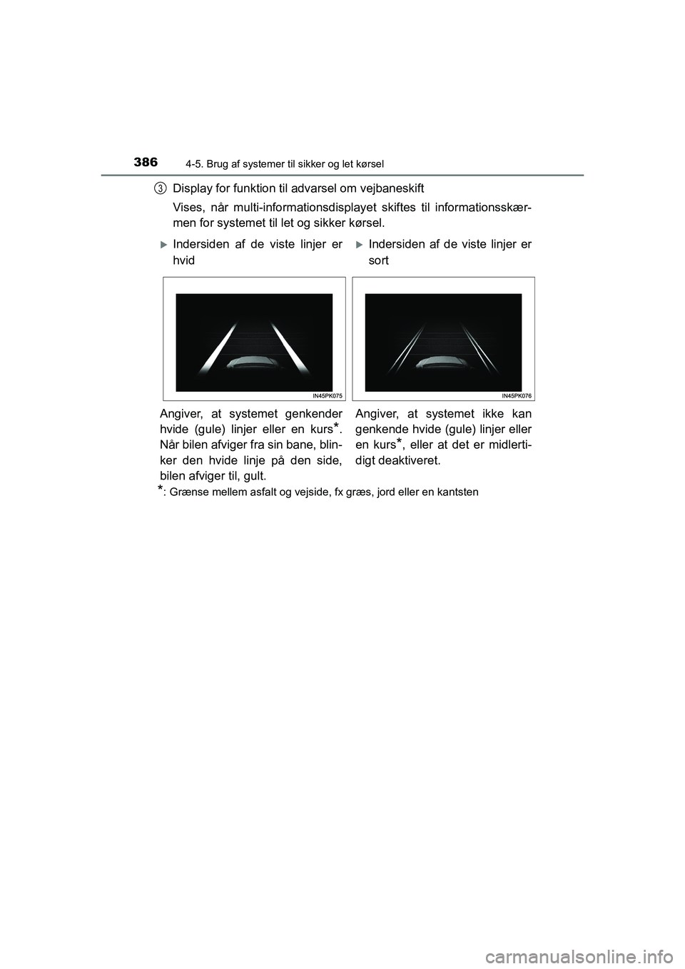 TOYOTA HILUX 2021  Brugsanvisning (in Danish) 3864-5. Brug af systemer til sikker og let kørsel
HILUX OM0K641DK
Display for funktion til advarsel om vejbaneskift
Vises, når multi-informationsdispla yet skiftes til informationsskær-
men for sys