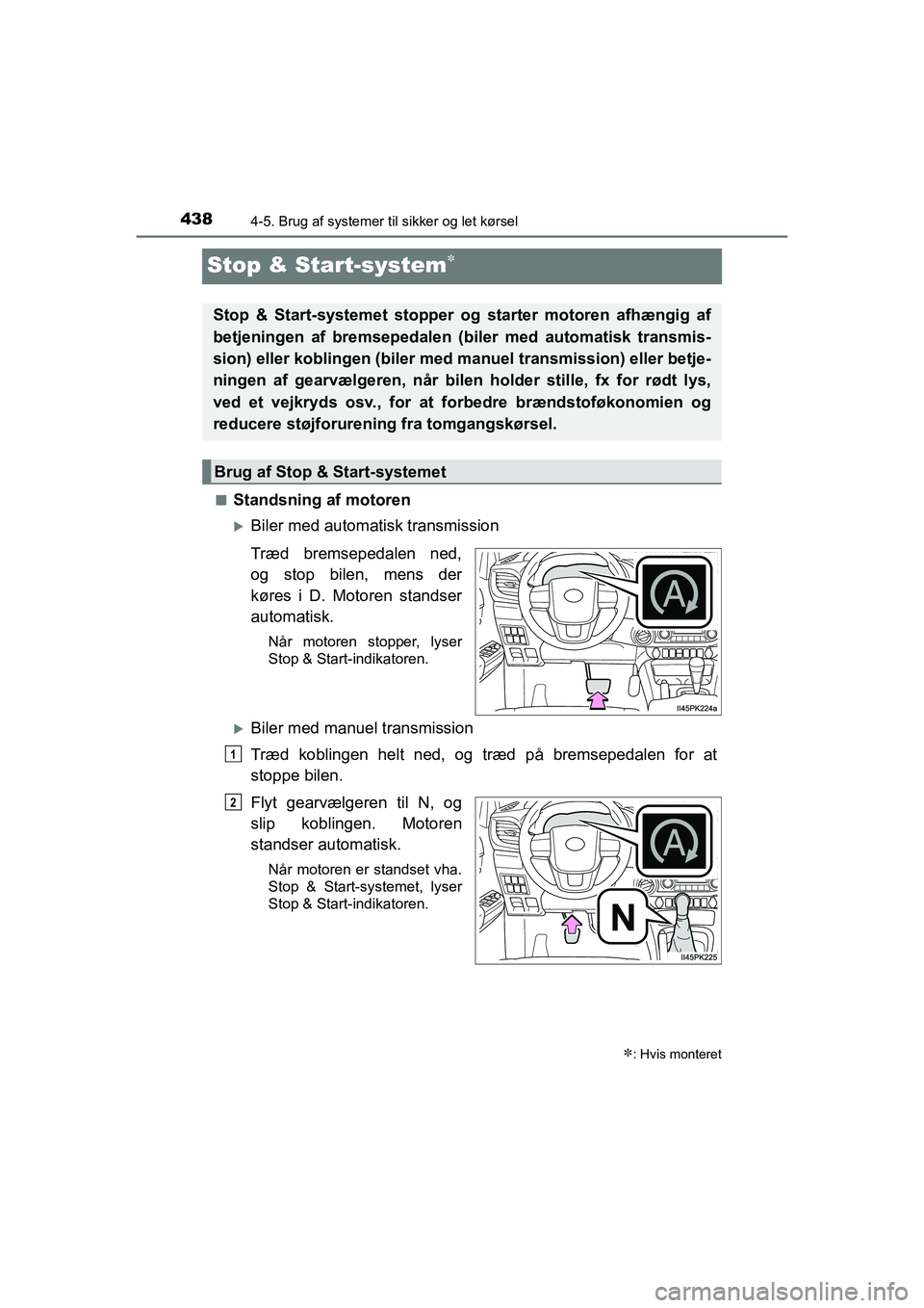 TOYOTA HILUX 2021  Brugsanvisning (in Danish) 4384-5. Brug af systemer til sikker og let kørsel
HILUX OM0K641DK
Stop & Start-system
nStandsning af motoren
Biler med automatisk transmission
Træd bremsepedalen ned,
og stop bilen, mens der
k