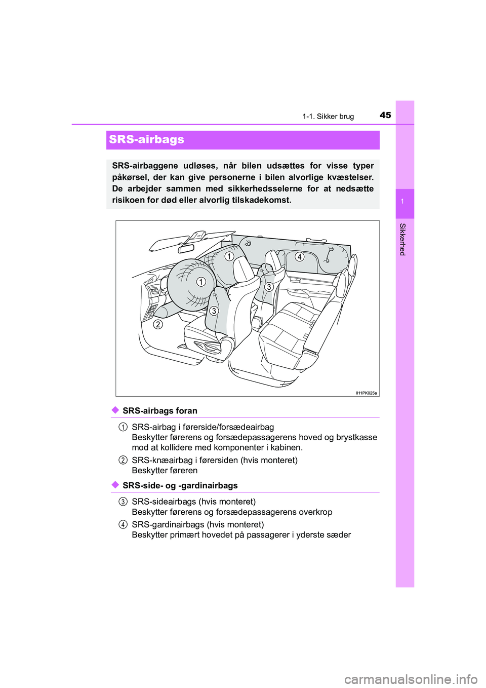 TOYOTA HILUX 2021  Brugsanvisning (in Danish) 451-1. Sikker brug
1
Sikkerhed
HILUX OM0K641DK
SRS-airbags
uSRS-airbags foranSRS-airbag i førerside/forsædeairbag
Beskytter førerens og forsædepassagerens hoved og brystkasse
mod at kollidere med 