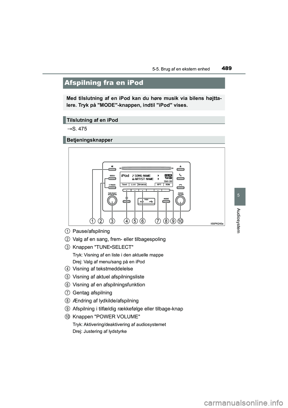 TOYOTA HILUX 2021  Brugsanvisning (in Danish) 489
5
5-5. Brug af en ekstern enhed
Audiosystem
HILUX OM0K641DK
Afspilning fra en iPod
S. 475
Pause/afspilning
Valg af en sang, frem- eller tilbagespoling
Knappen "TUNE•SELECT"
Tryk: Visning af e
