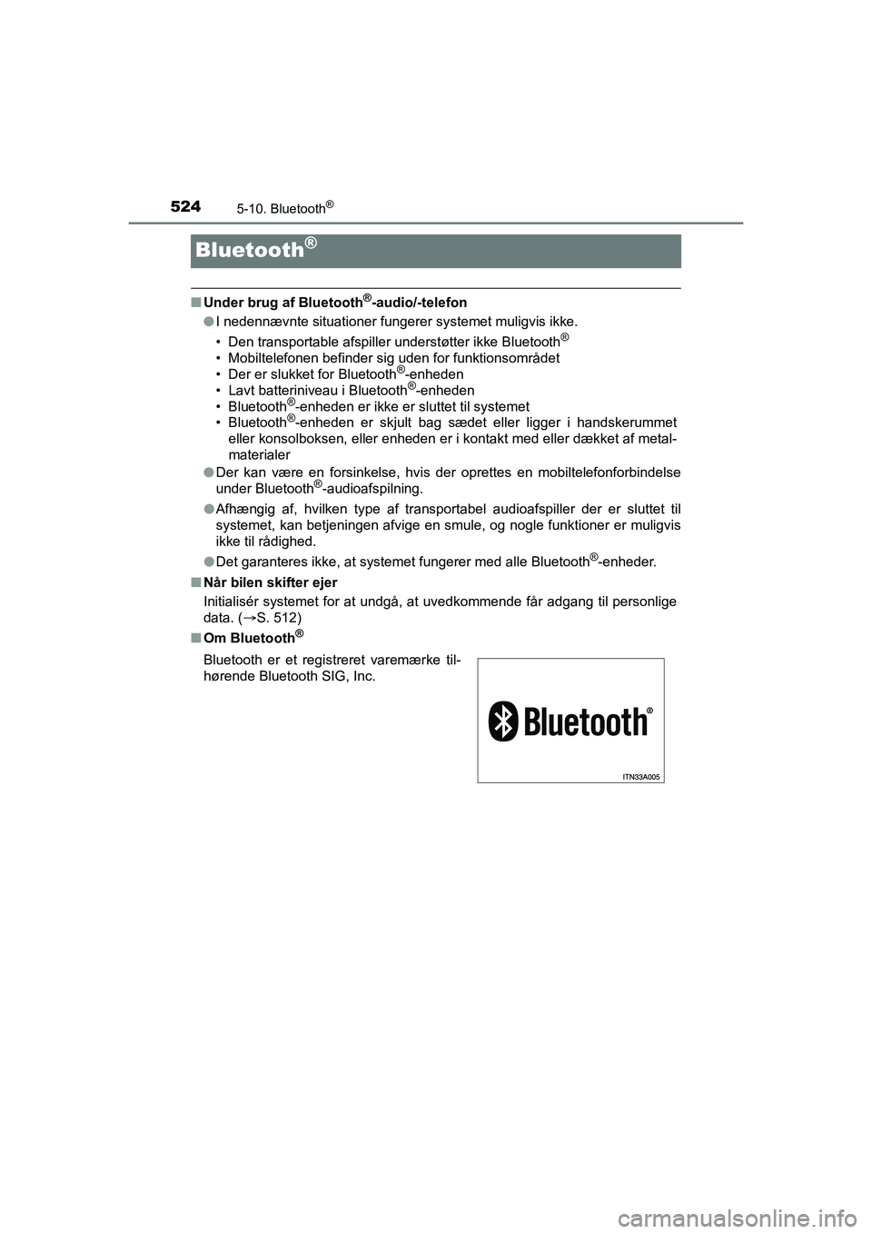 TOYOTA HILUX 2021 Brugsanvisning (in Danish) 5245-10. Bluetooth®
HILUX OM0K641DK
Bluetooth®
nUnder brug af Bluetooth®-audio/-telefon
l I nedennævnte situationer fungerer systemet muligvis ikke.
• Den transportable afspiller understøtter i TOYOTA HILUX 2021 Brugsanvisning (in Danish) 5245-10. Bluetooth®
HILUX OM0K641DK
Bluetooth®
nUnder brug af Bluetooth®-audio/-telefon
l I nedennævnte situationer fungerer systemet muligvis ikke.
• Den transportable afspiller understøtter i