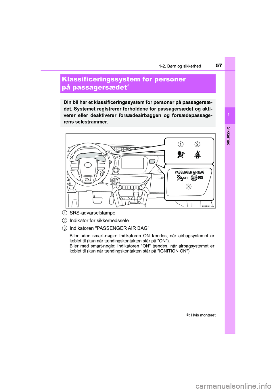 TOYOTA HILUX 2021  Brugsanvisning (in Danish) 571-2. Børn og sikkerhed
1
HILUX OM0K641DK
Sikkerhed
Klassificeringssystem for personer 
på passagersædet

SRS-advarselslampe
Indikator for sikkerhedssele
Indikatoren "PASSENGER AIR BAG"
Biler u
