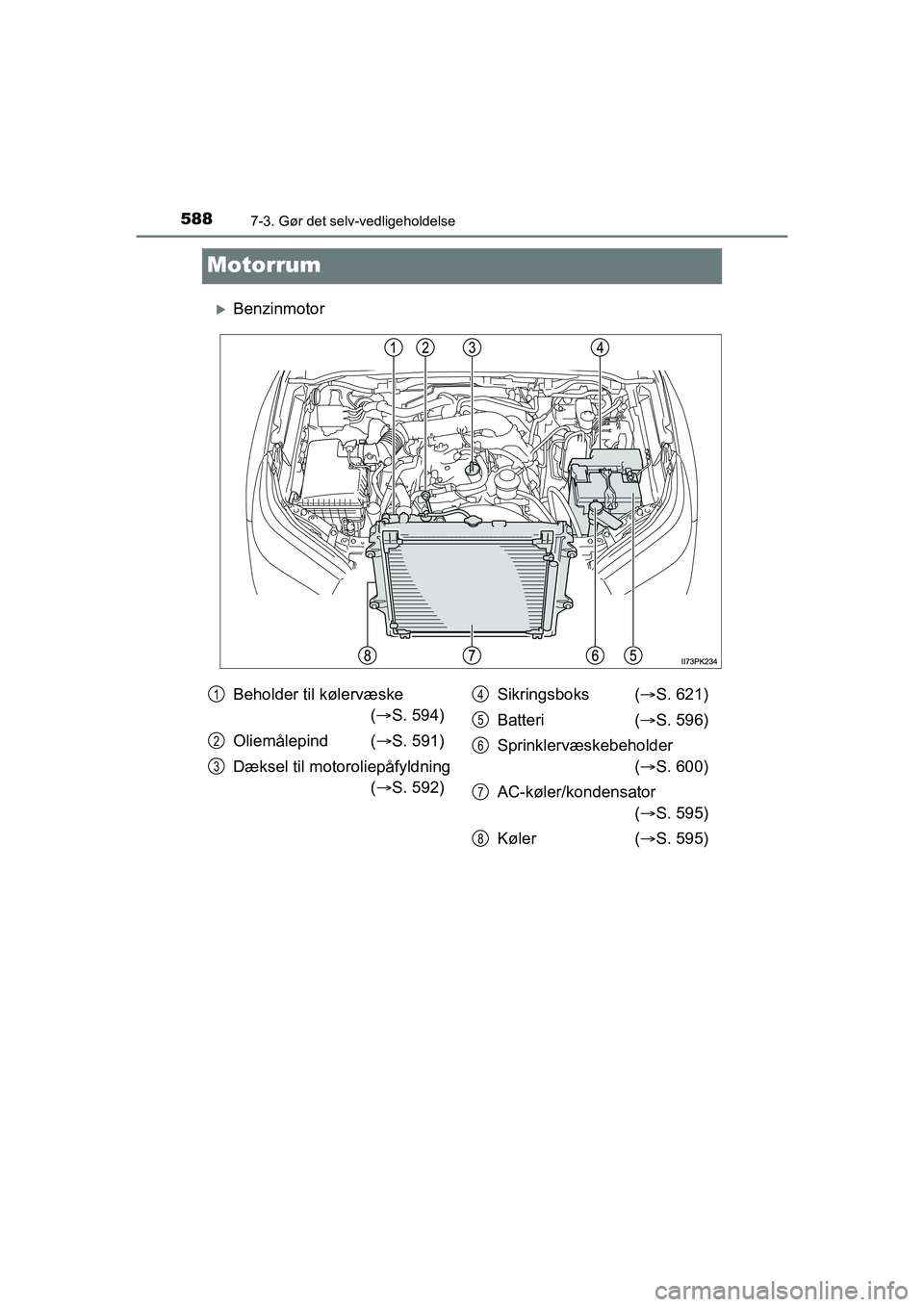 TOYOTA HILUX 2021  Brugsanvisning (in Danish) 5887-3. Gør det selv-vedligeholdelse
HILUX OM0K641DK
Motorrum
Benzinmotor
Beholder til kølervæske ( S. 594)
Oliemålepind ( S. 591)
Dæksel til motoroliepåfyldning  ( S. 592) Sikringsb