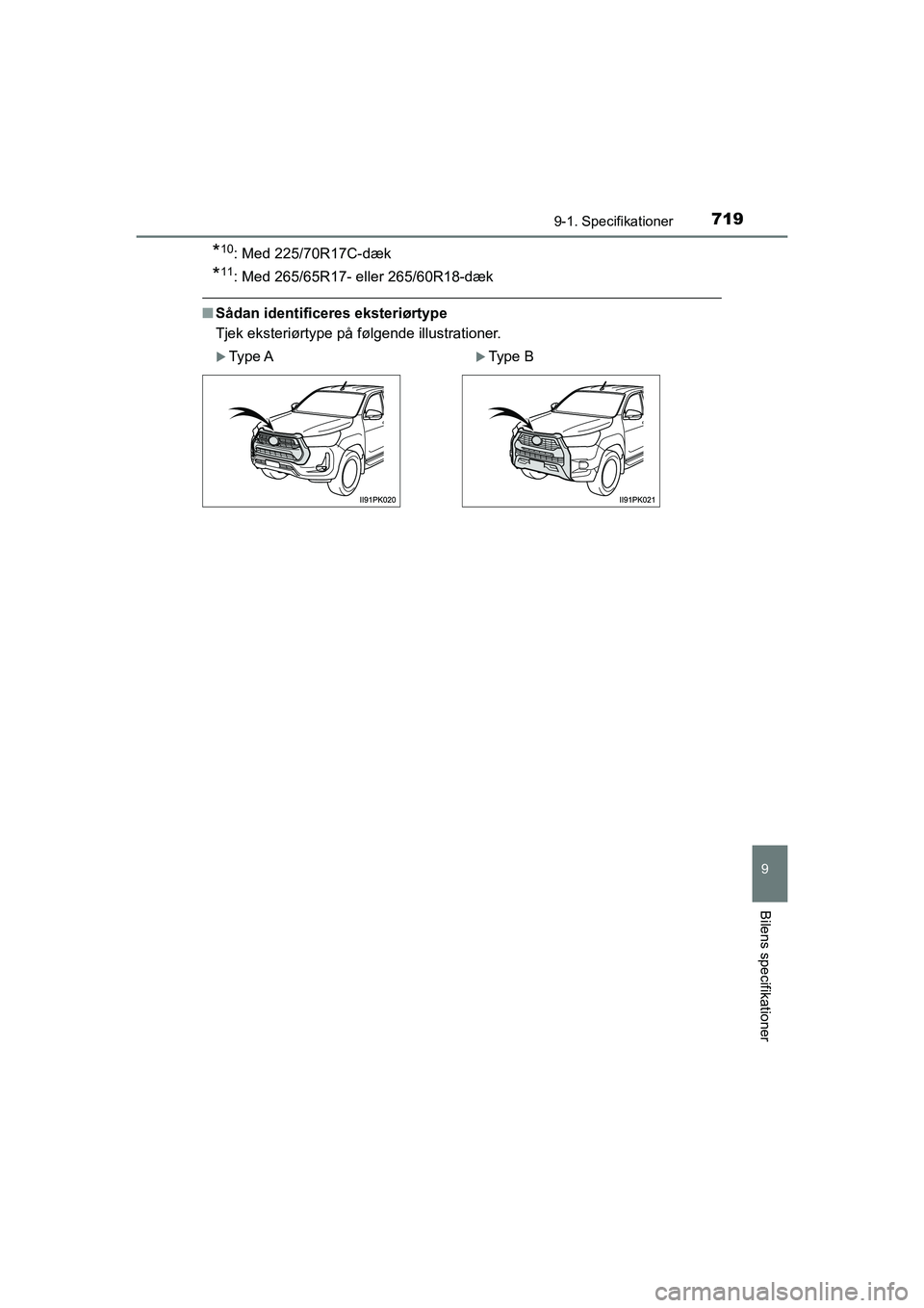 TOYOTA HILUX 2021  Brugsanvisning (in Danish) 719
9
9-1. Specifikationer
Bilens specifikationer
HILUX OM0K641DK
*10: Med 225/70R17C-dæk
*11: Med 265/65R17- eller 265/60R18-dæk
nSådan identificeres eksteriørtype
Tjek eksteriørtype på følgen