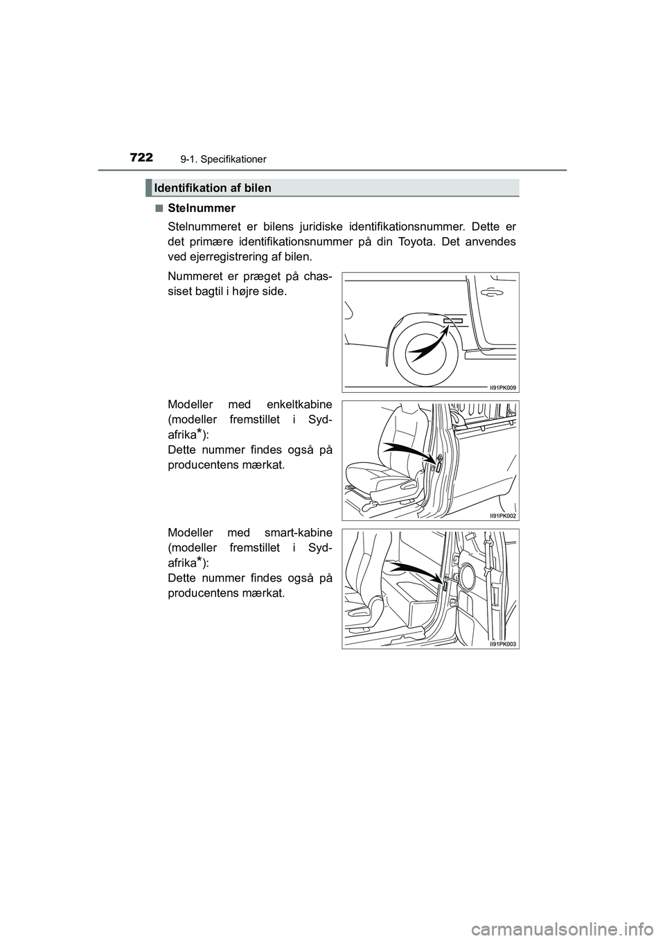 TOYOTA HILUX 2021  Brugsanvisning (in Danish) 7229-1. Specifikationer
HILUX OM0K641DKn
Stelnummer
Stelnummeret er bilens juridiske 
identifikationsnummer. Dette er
det primære identifikationsnummer på din Toyota. Det anvendes
ved ejerregistreri
