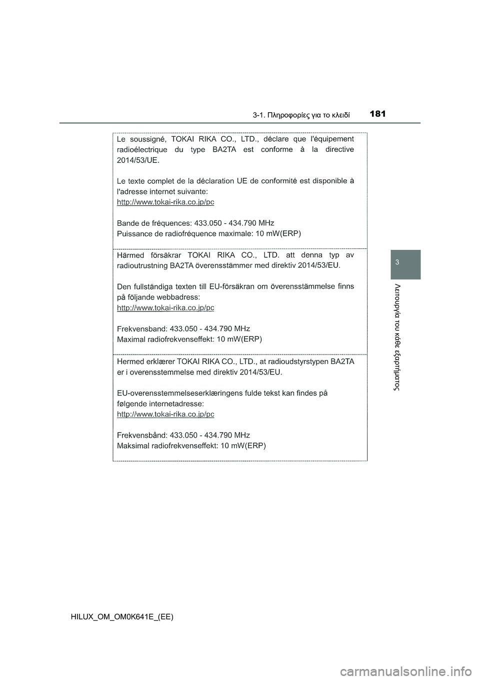 TOYOTA HILUX 2021  ΟΔΗΓΌΣ ΧΡΉΣΗΣ (in Greek) 1813-1. Πληροφορίες για το κλειδί
3
Λειτουργία του κάθε εξαρτήματος
HILUX_OM_OM0K641E_(EE) 