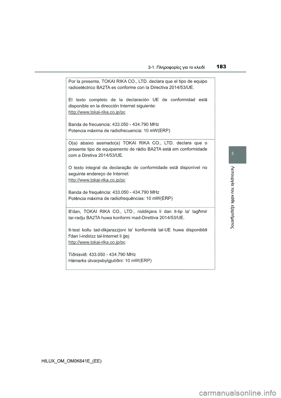 TOYOTA HILUX 2021  ΟΔΗΓΌΣ ΧΡΉΣΗΣ (in Greek) 1833-1. Πληροφορίες για το κλειδί
3
Λειτουργία του κάθε εξαρτήματος
HILUX_OM_OM0K641E_(EE) 