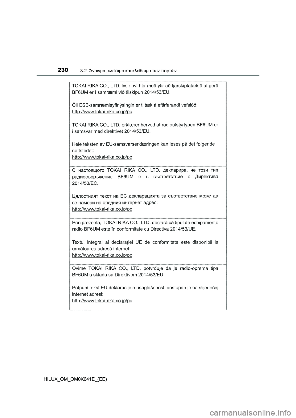 TOYOTA HILUX 2021  ΟΔΗΓΌΣ ΧΡΉΣΗΣ (in Greek) 2303-2. Άνοιγμα, κλείσιμο και κλείδωμα των πορτών
HILUX_OM_OM0K641E_(EE) 