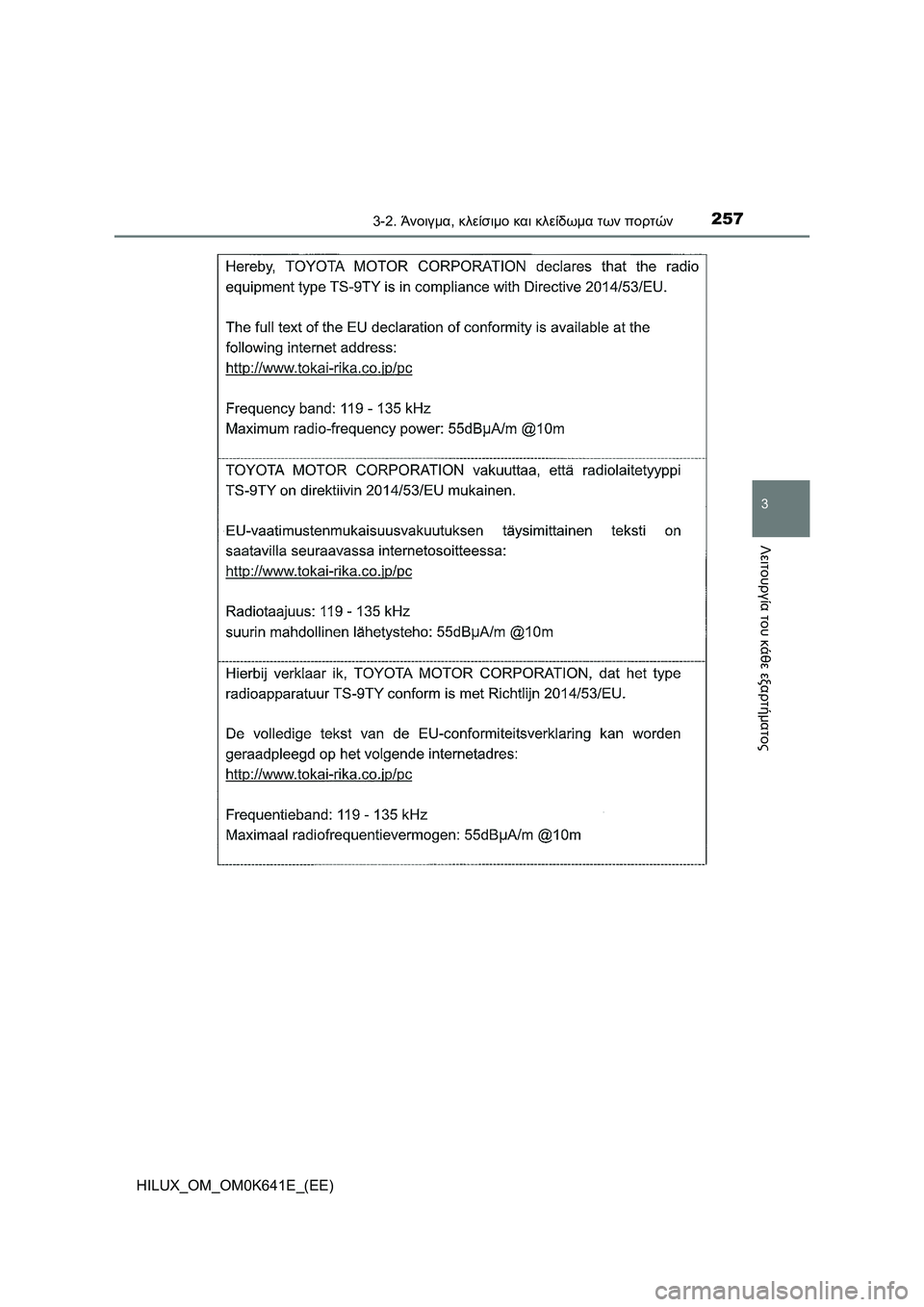 TOYOTA HILUX 2021  ΟΔΗΓΌΣ ΧΡΉΣΗΣ (in Greek) 2573-2. Άνοιγμα, κλείσιμο και κλείδωμα των πορτών
3
Λειτουργία του κάθε εξαρτήματος
HILUX_OM_OM0K641E_(EE) 