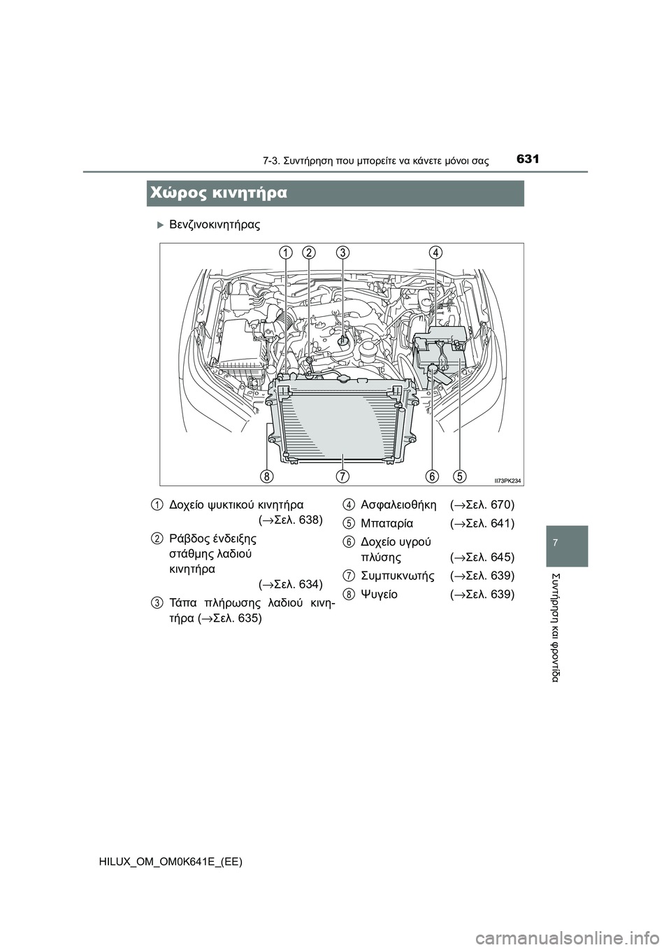 TOYOTA HILUX 2021  ΟΔΗΓΌΣ ΧΡΉΣΗΣ (in Greek) 6317-3. Συντήρηση που μπορείτε να κάνετε μόνοι σας
HILUX_OM_OM0K641E_(EE)
7
Συντήρηση και φροντίδα
Χώρος κινητήρα
Βενζινο