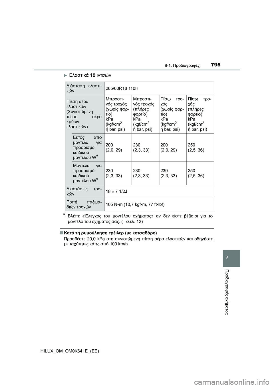 TOYOTA HILUX 2021  ΟΔΗΓΌΣ ΧΡΉΣΗΣ (in Greek) 795
9
9-1. Προδιαγραφές
Προδιαγραφές οχήματος
HILUX_OM_OM0K641E_(EE)
Ελαστικά 18 ιντσών
*:Βλέπε «Έλεγχος του μοντέλου οχήμ
