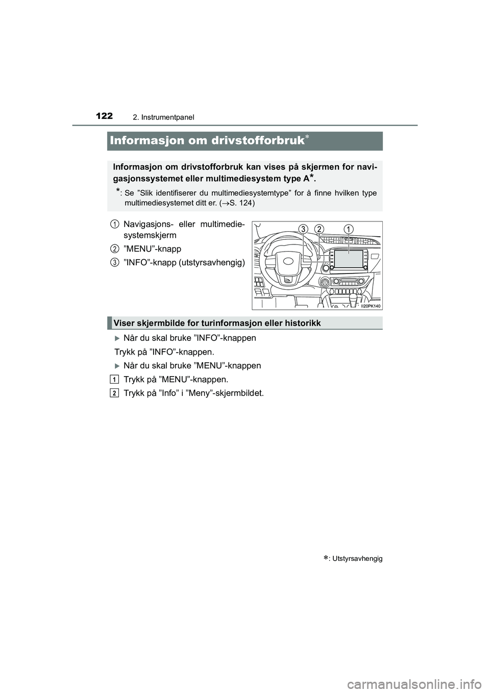 TOYOTA HILUX 2021  Instruksjoner for bruk (in Norwegian) 1222. Instrumentpanel
HILUX OM0K641NO
Informasjon om drivstofforbruk
Navigasjons- eller multimedie-
systemskjerm
”MENU”-knapp
”INFO”-knapp (utstyrsavhengig)
Når du skal bruke ”INFO”